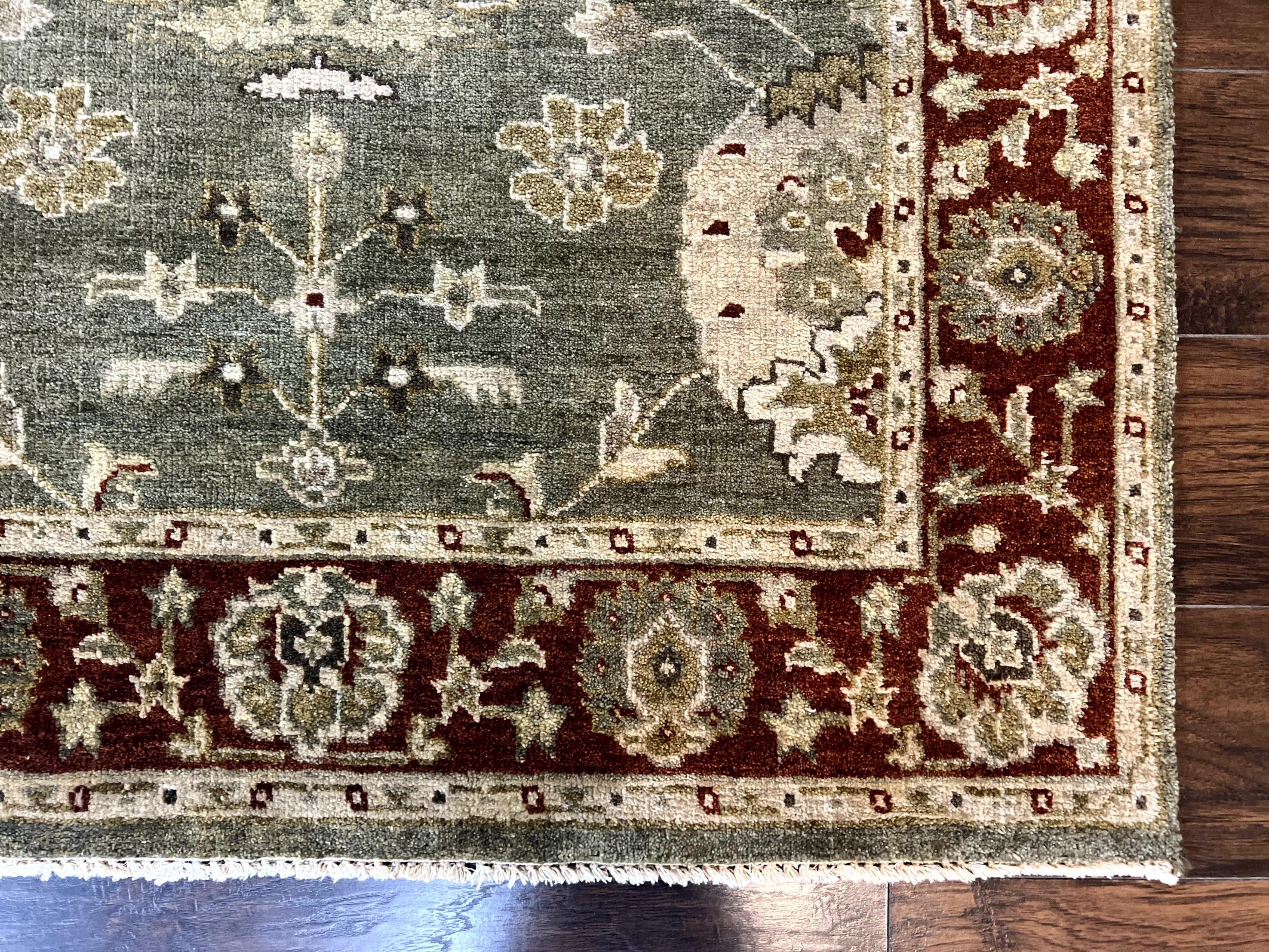Indo Oushak Rug 4x6, Green and Maroon, Vintage Wool Floral Rug, Indian Agra Rug - Jewel Rugs