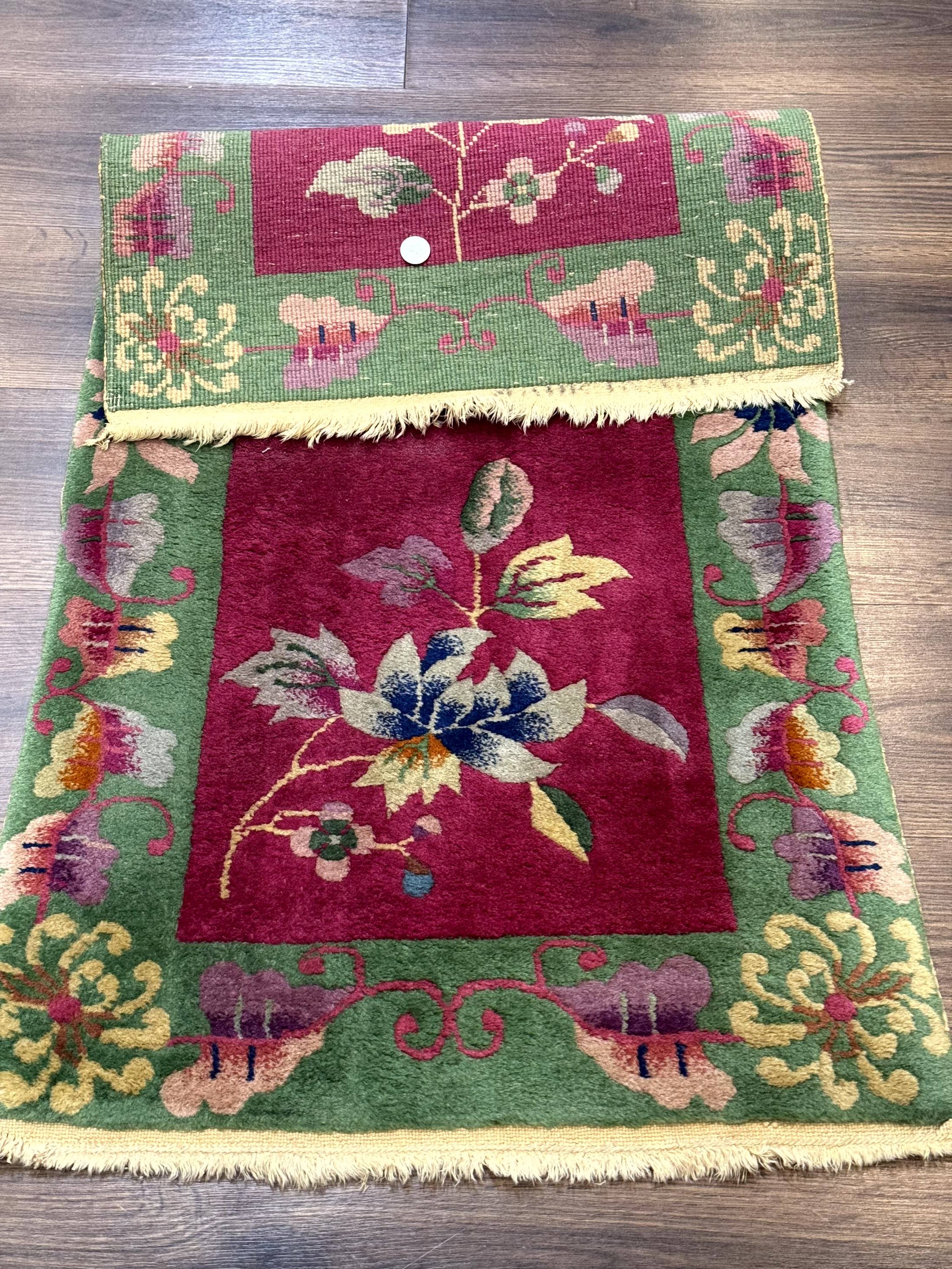 Small Chinese Art Deco Rug 2x4, Magenta and Green, Nichols Carpet, Floral, Wool - Jewel Rugs