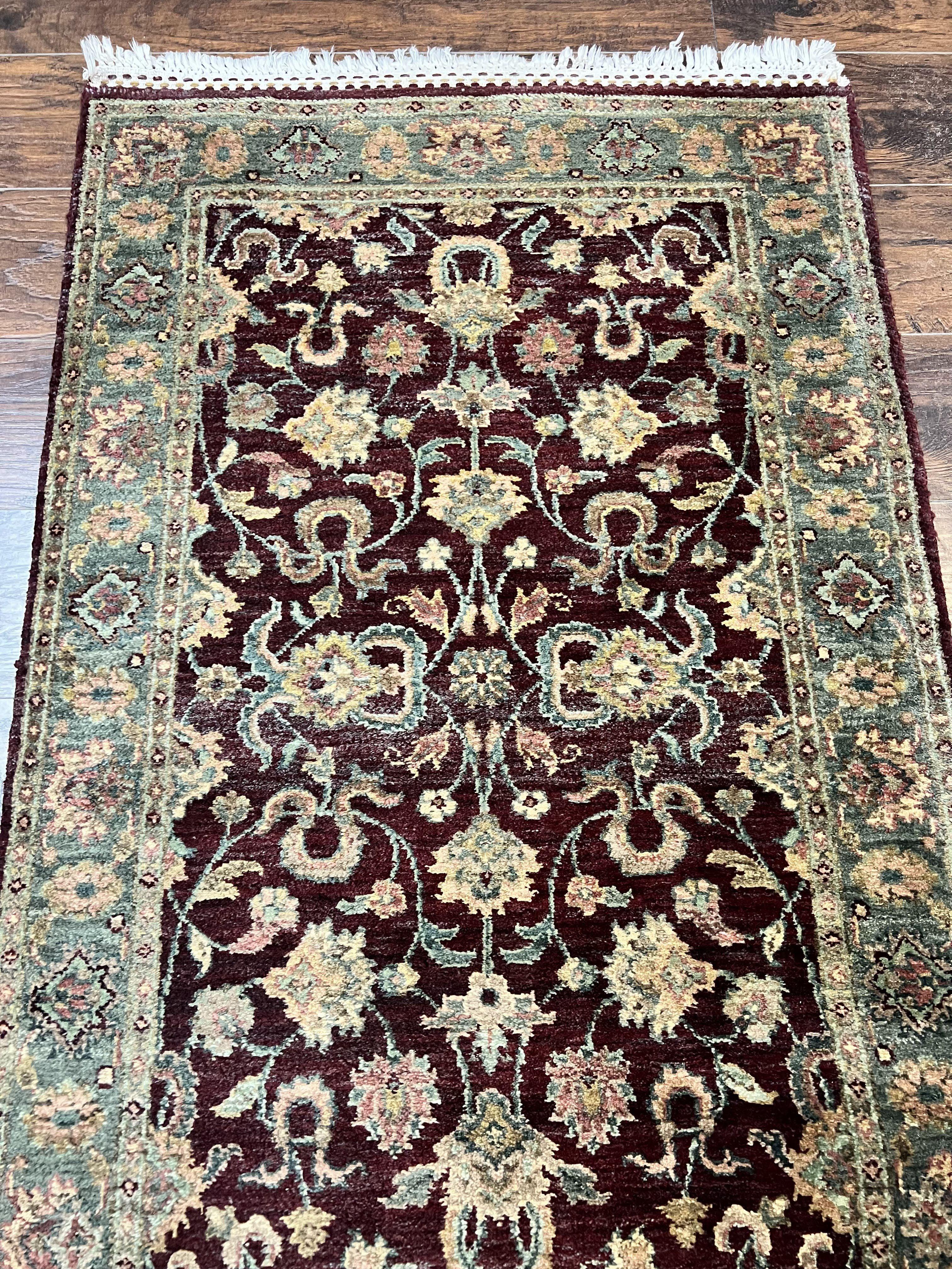 Indian Runner Rug 3x12, Indo Persian Runner for Hallway 3 x 12 ft, Dark Purple and Green, Floral Allover, Wool Handmade Vintage Traditional - Jewel Rugs