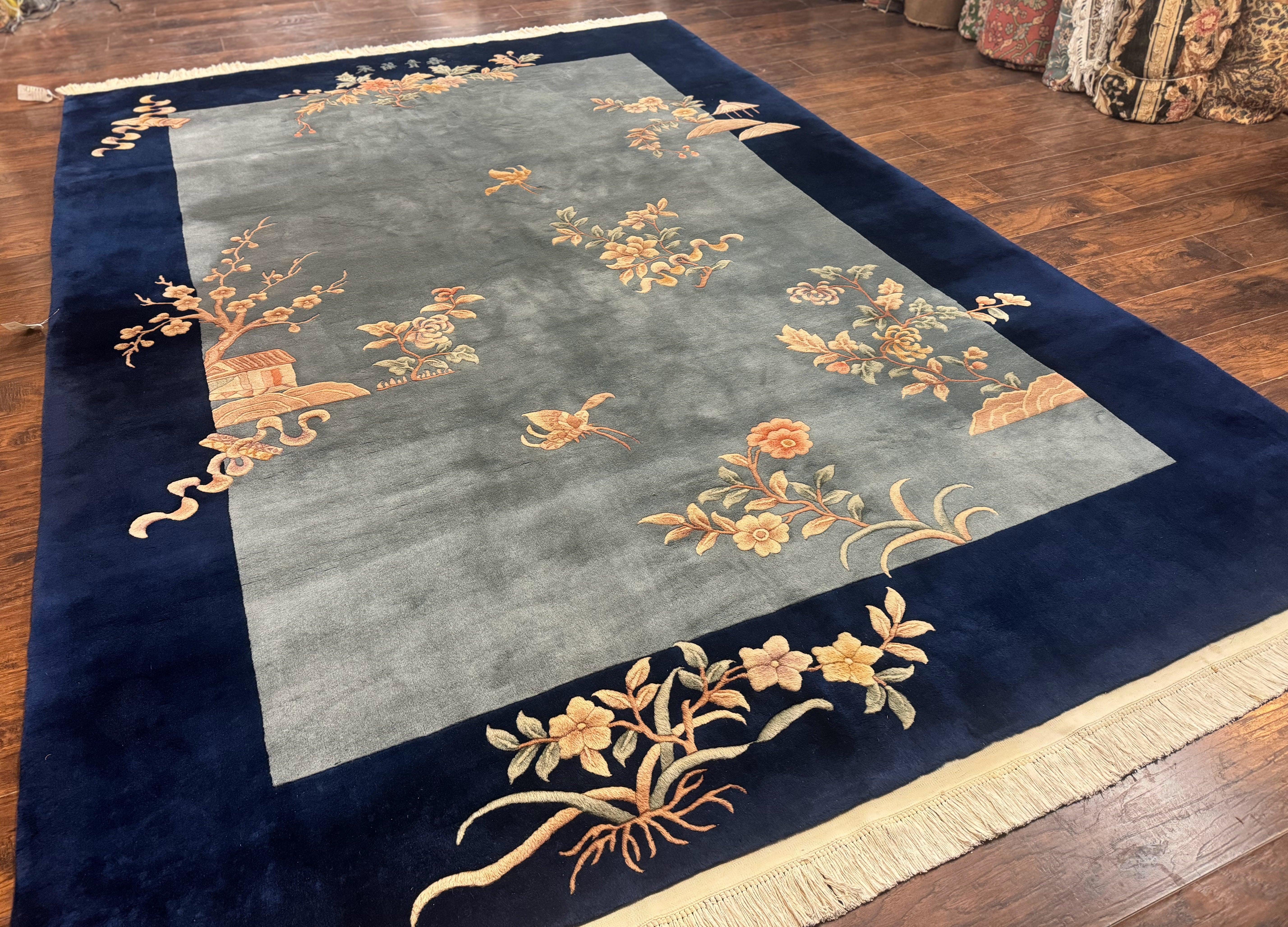 Blue Chinese Wool Rug 8 x 11.5, Open Field, Simple Design, Flowers, 90 Line Rug, Vintage Art Deco Carpet, Asian Oriental Rug - Jewel Rugs