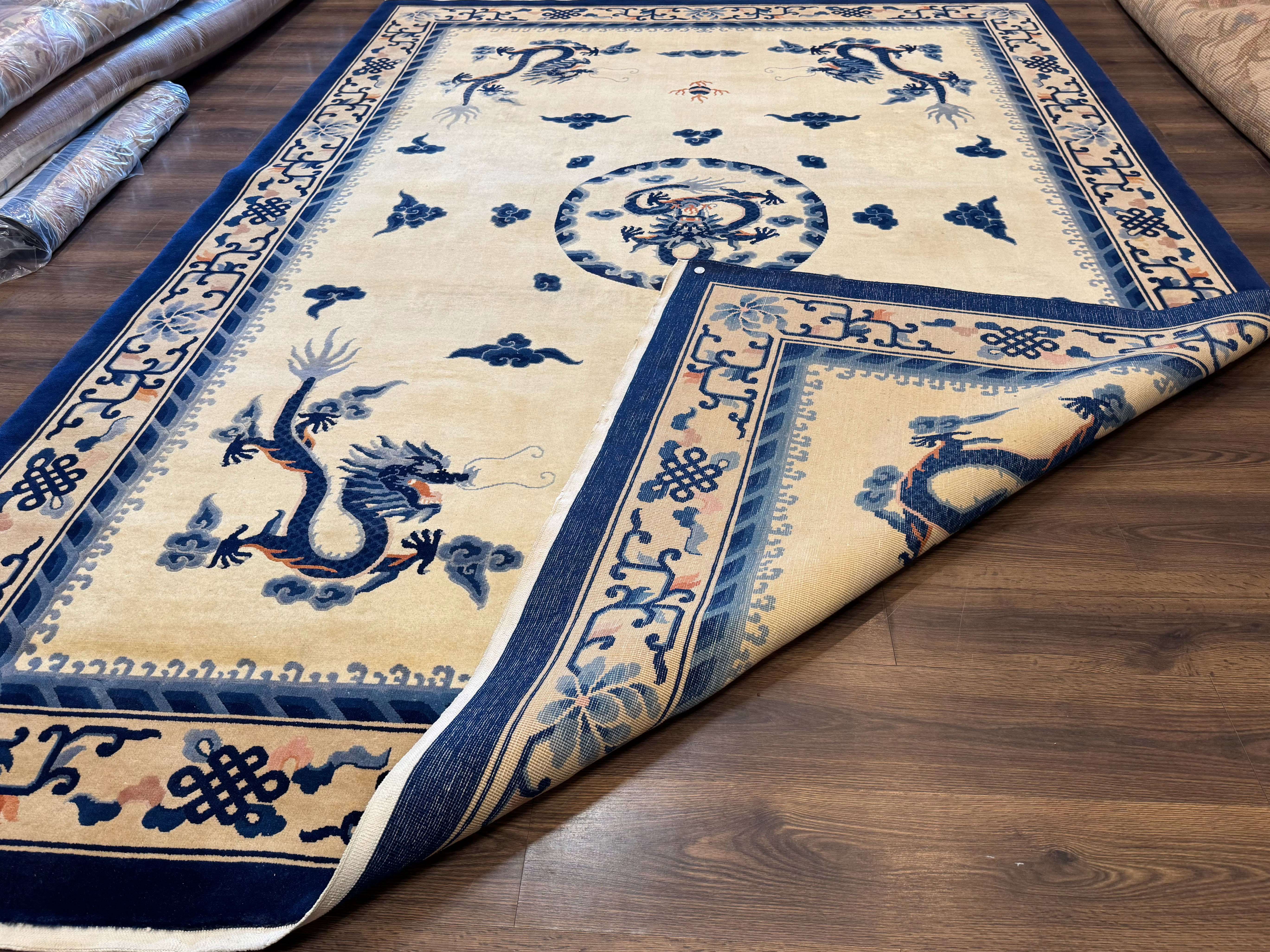 Chinese Dragon Peking Rug 8 x 11.6, Ivory and Blue, Chinese Wool Rug, Vintage - Jewel Rugs