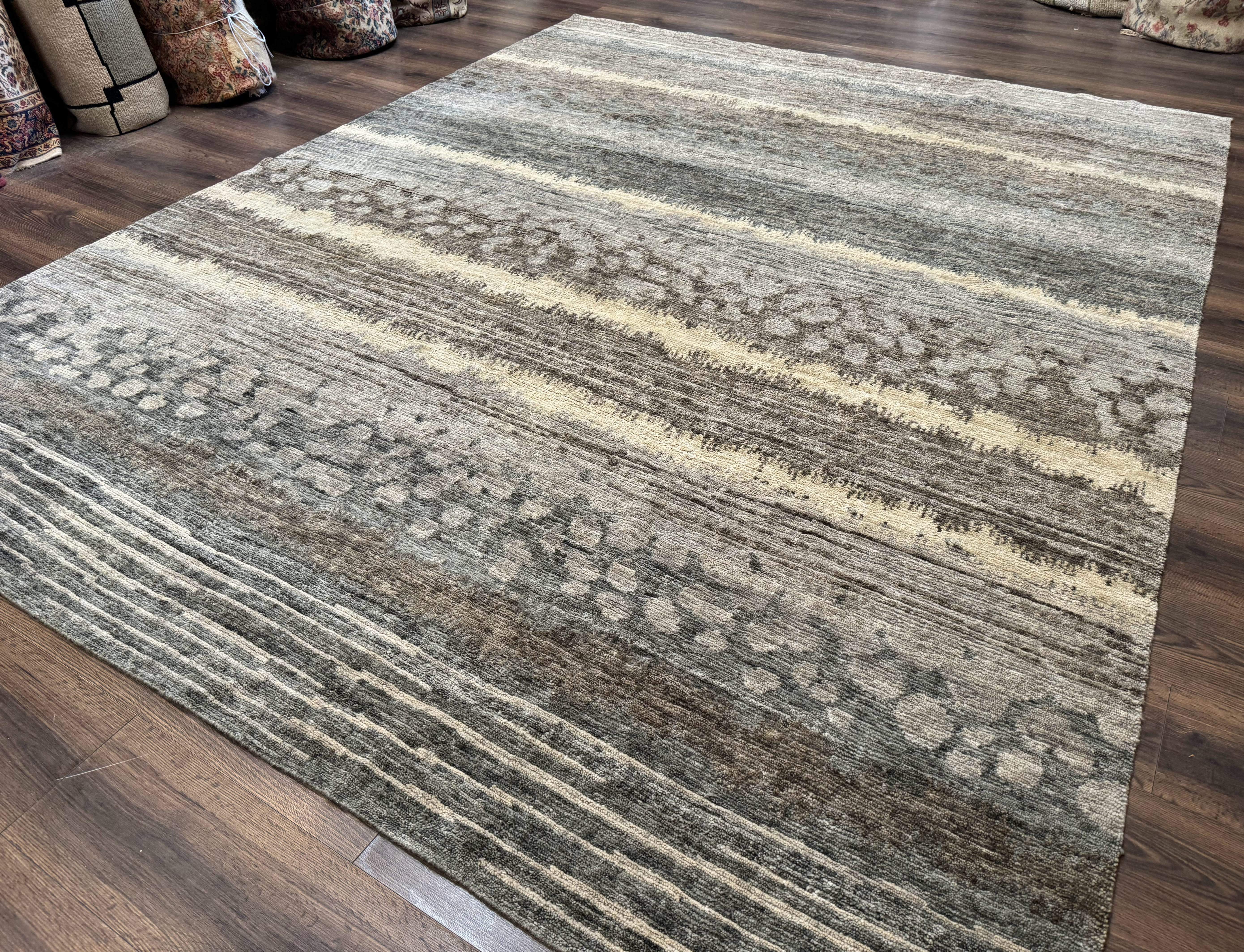 Modern Tibetan Wool Rug 8x10, Abstract, Contemporary, Handmade, Gray, Stripes - Jewel Rugs