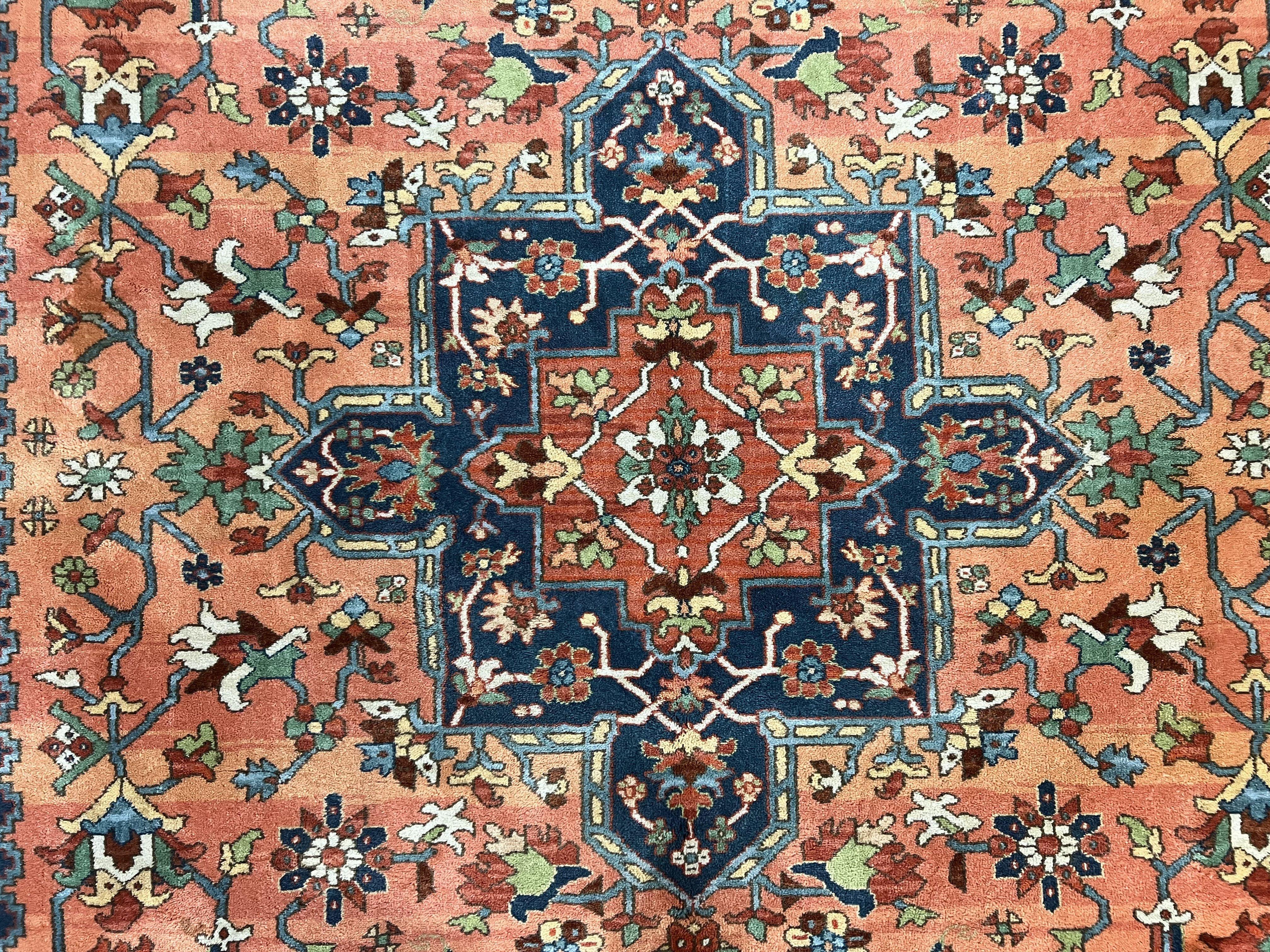Karastan Medallion Serapi Rug #736, Vintage Wool Karastan Carpet 8.8 x 12, Discontinued Original 700 Series Karastan Area Rug, Red Blue - Jewel Rugs