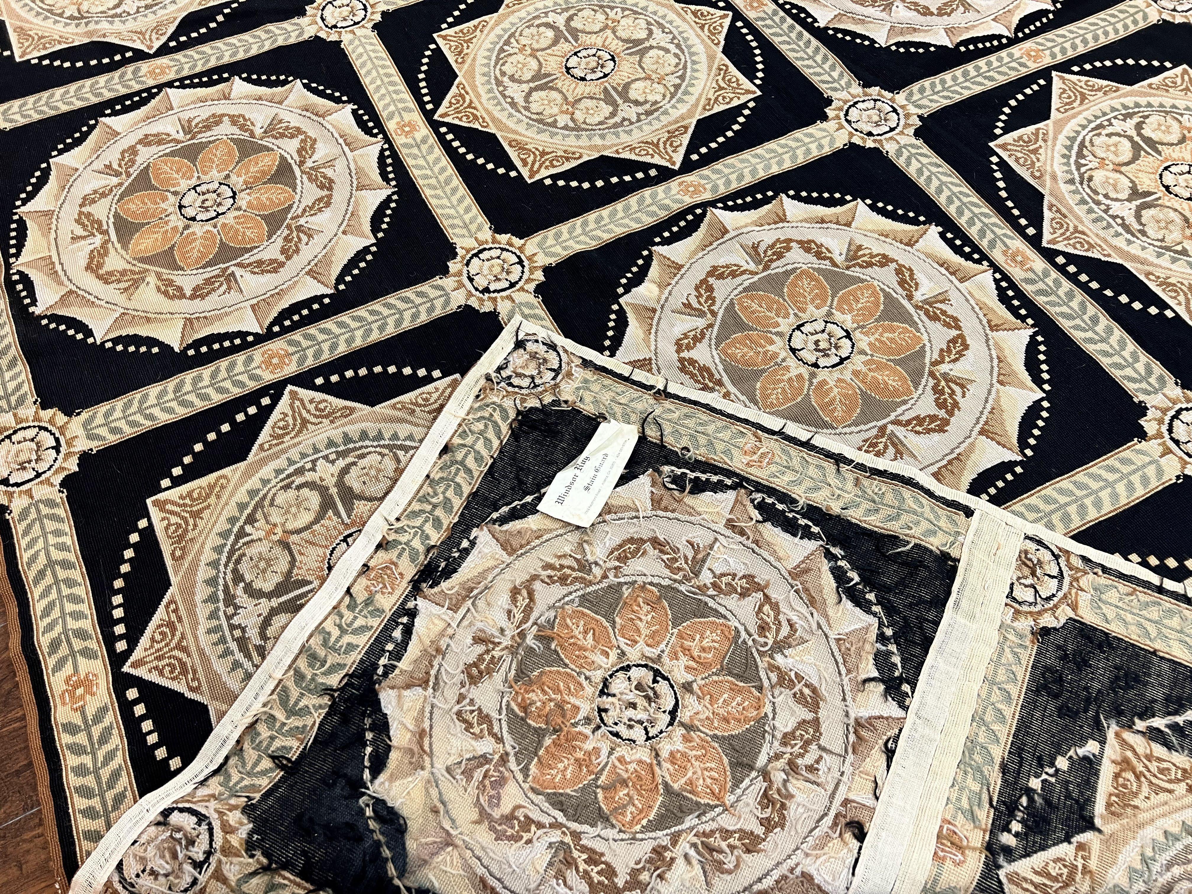 Needlepoint Rug 8x10, Black Tan Beige, Panel Design, Wool Handwoven Handmade Flatweave Needlepoint Carpet, Vintage French European Rug - Jewel Rugs