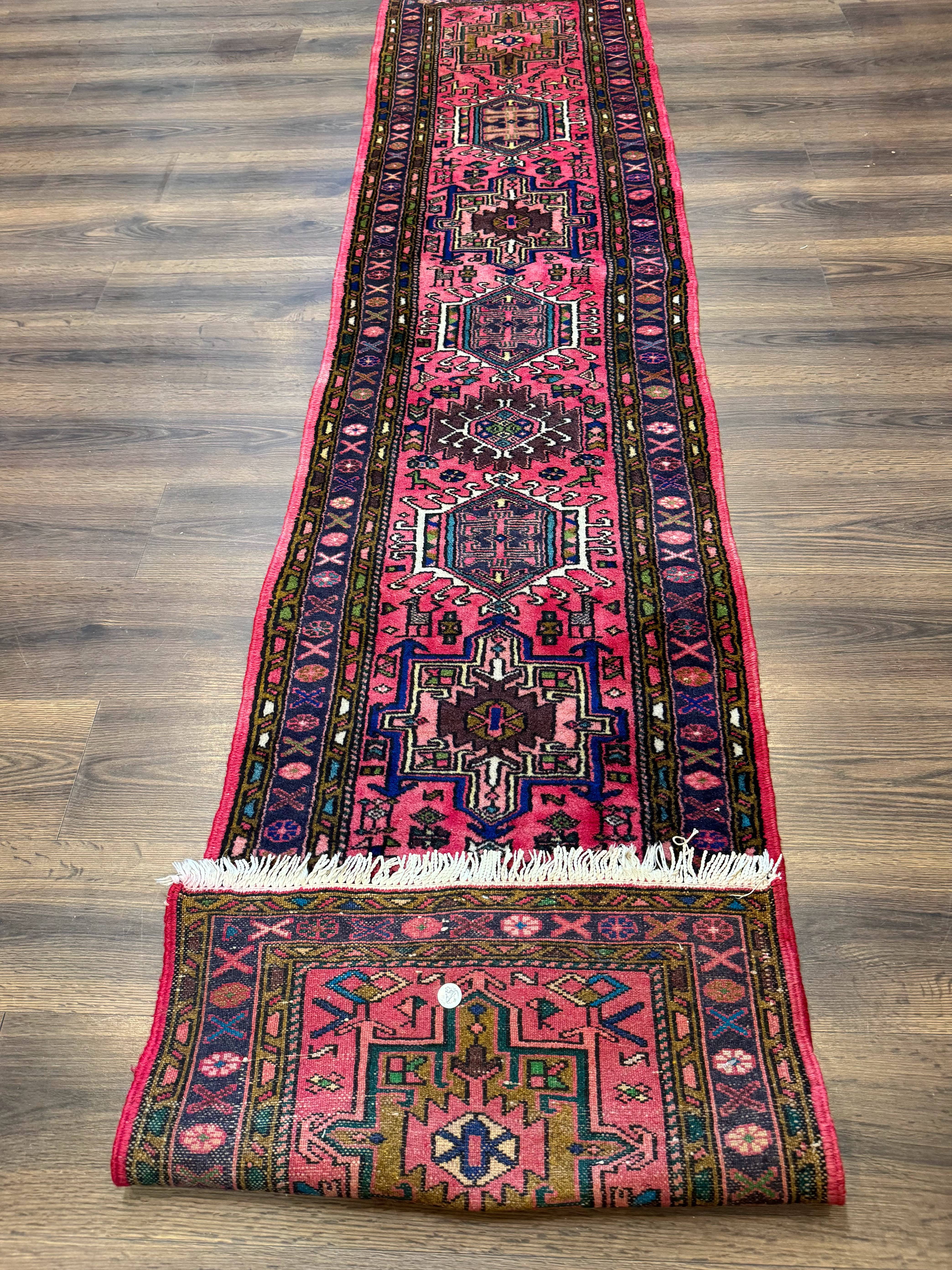 Vintage Persian Karajeh Runner Rug 2 x 9.8, Pink and Navy, Geometric Design - Jewel Rugs