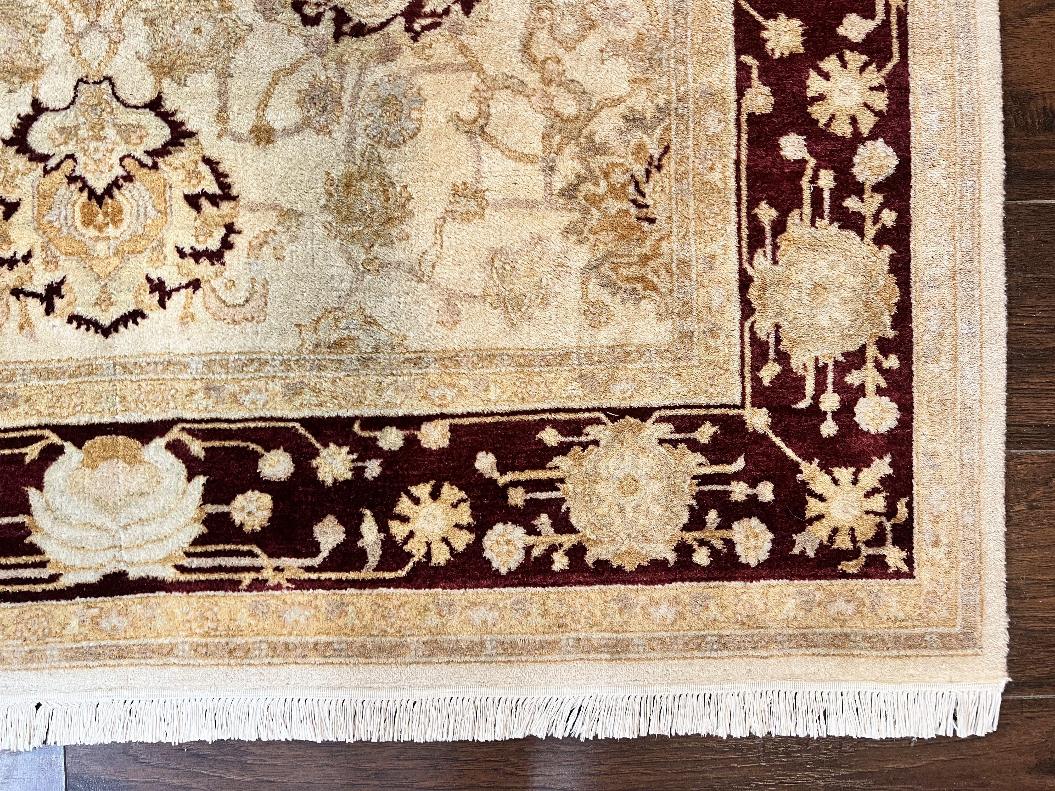 Peshawar Rug 5x7, Beige and Maroon, Vintage Handmade Wool Traditional Carpet 5 x 7 ft, Pakistani Rug, Agra Pattern, Very Fine 260 KPSI - Jewel Rugs