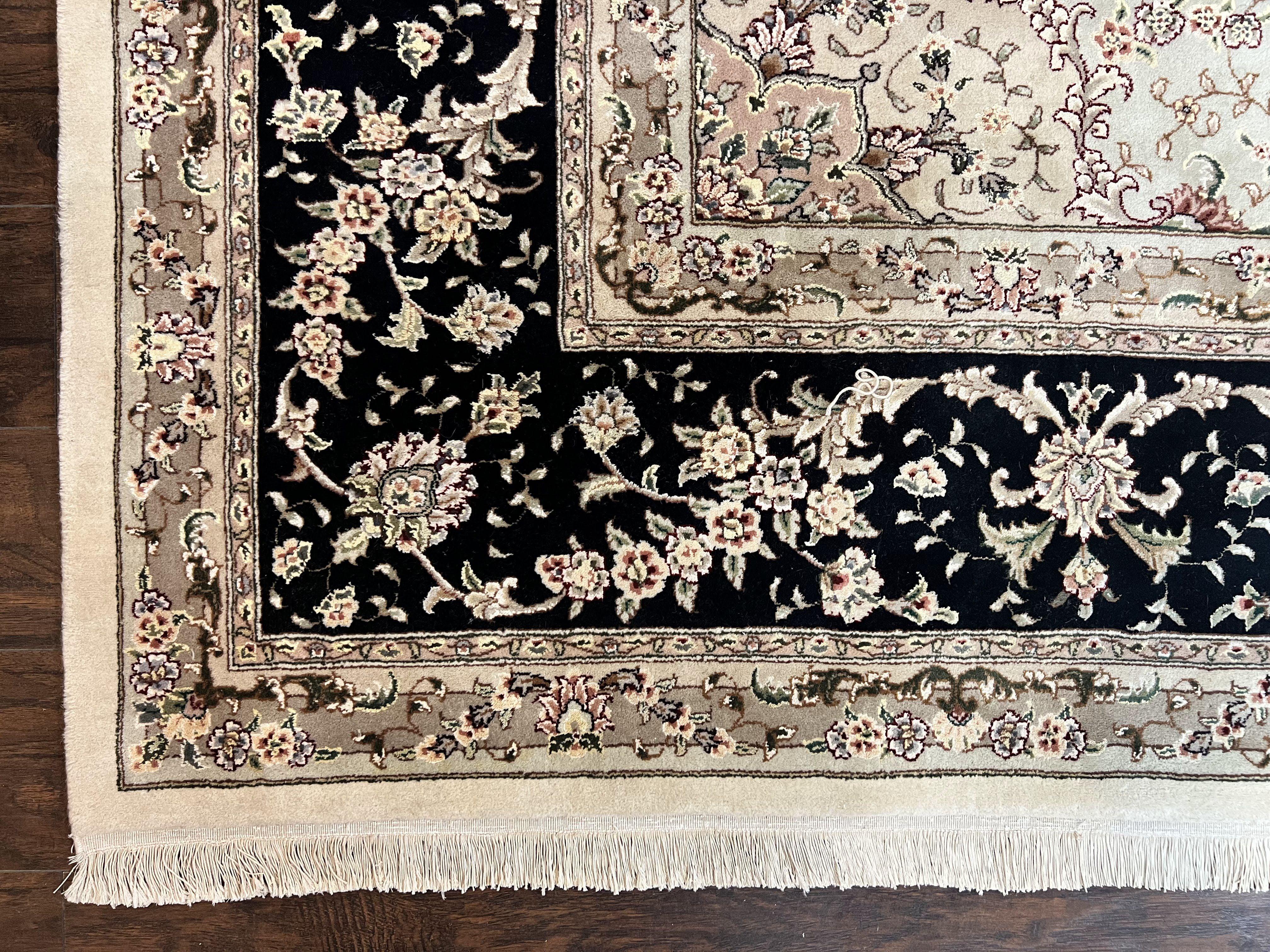 Sino Persian Rug 12x15, Ivory and Black, Floral Medallion Carpet, Large Palace Size Oriental Rug, Wool and Silk Highlights, Vintage Rug - Jewel Rugs