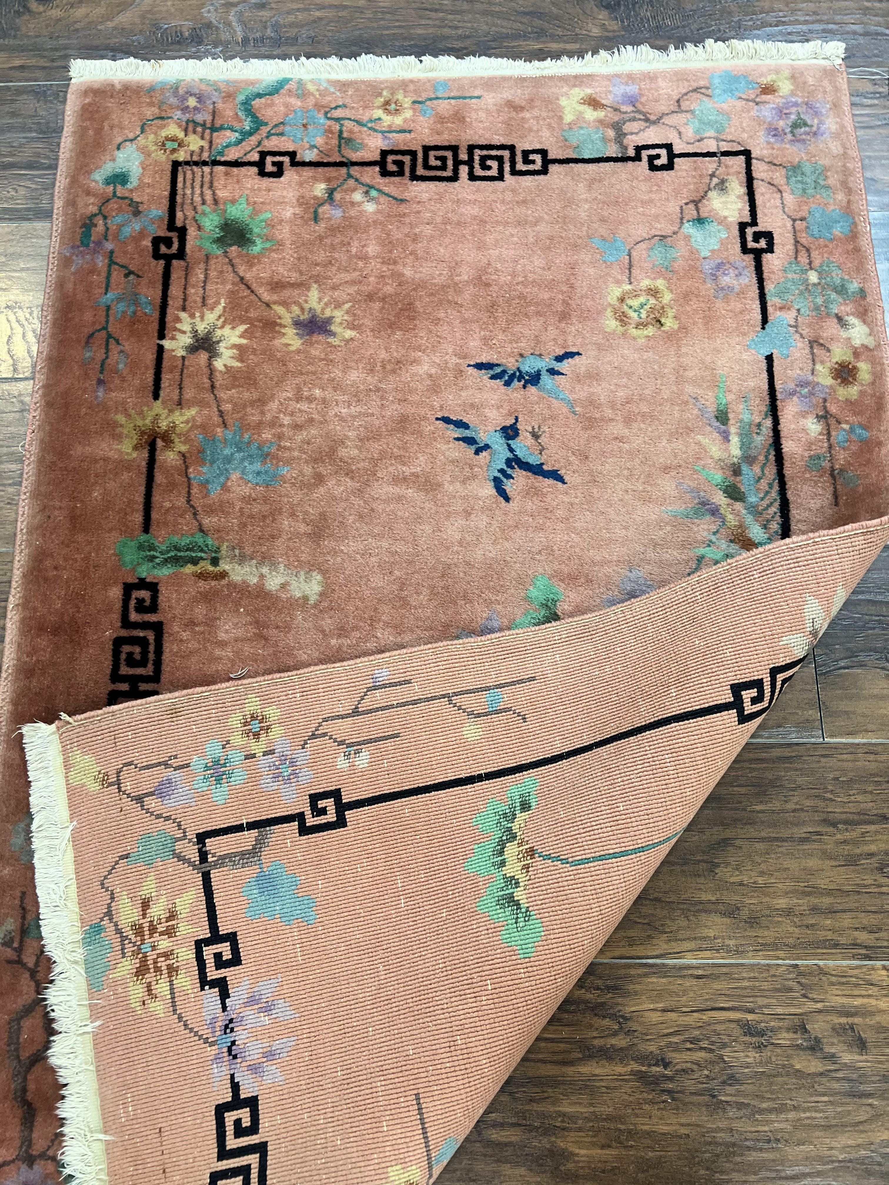 Chinese Art Deco Rug 3x5, Wool Hand Knotted Semi Antique Vintage Carpet, Salmon Red, Birds Flowers, Asian Oriental Rug 3 x 5 - Jewel Rugs