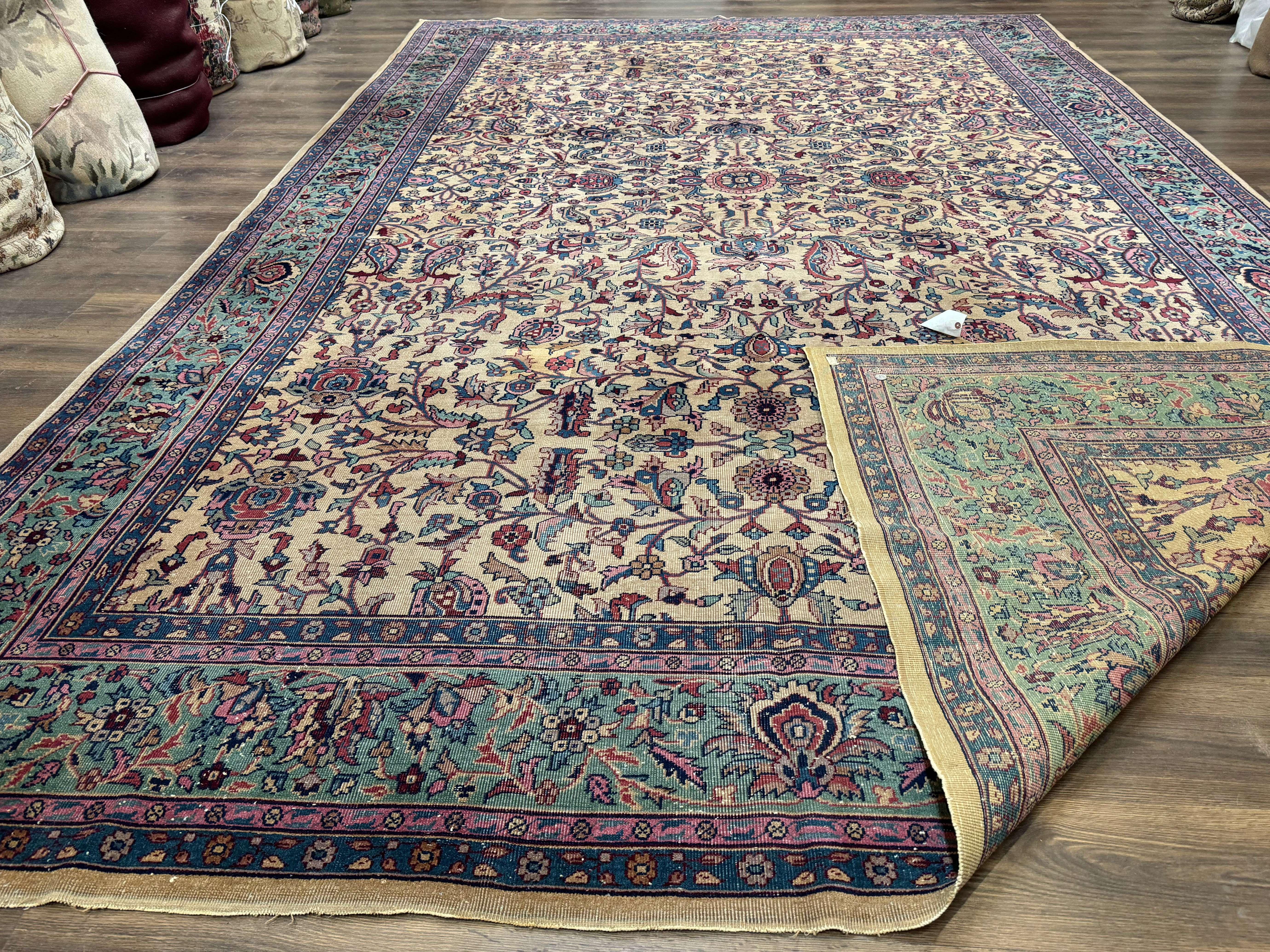 Antique Persian Rug 10x15, Camel and Cyan, Allover Pattern, Rare, Samarkand Rug - Jewel Rugs