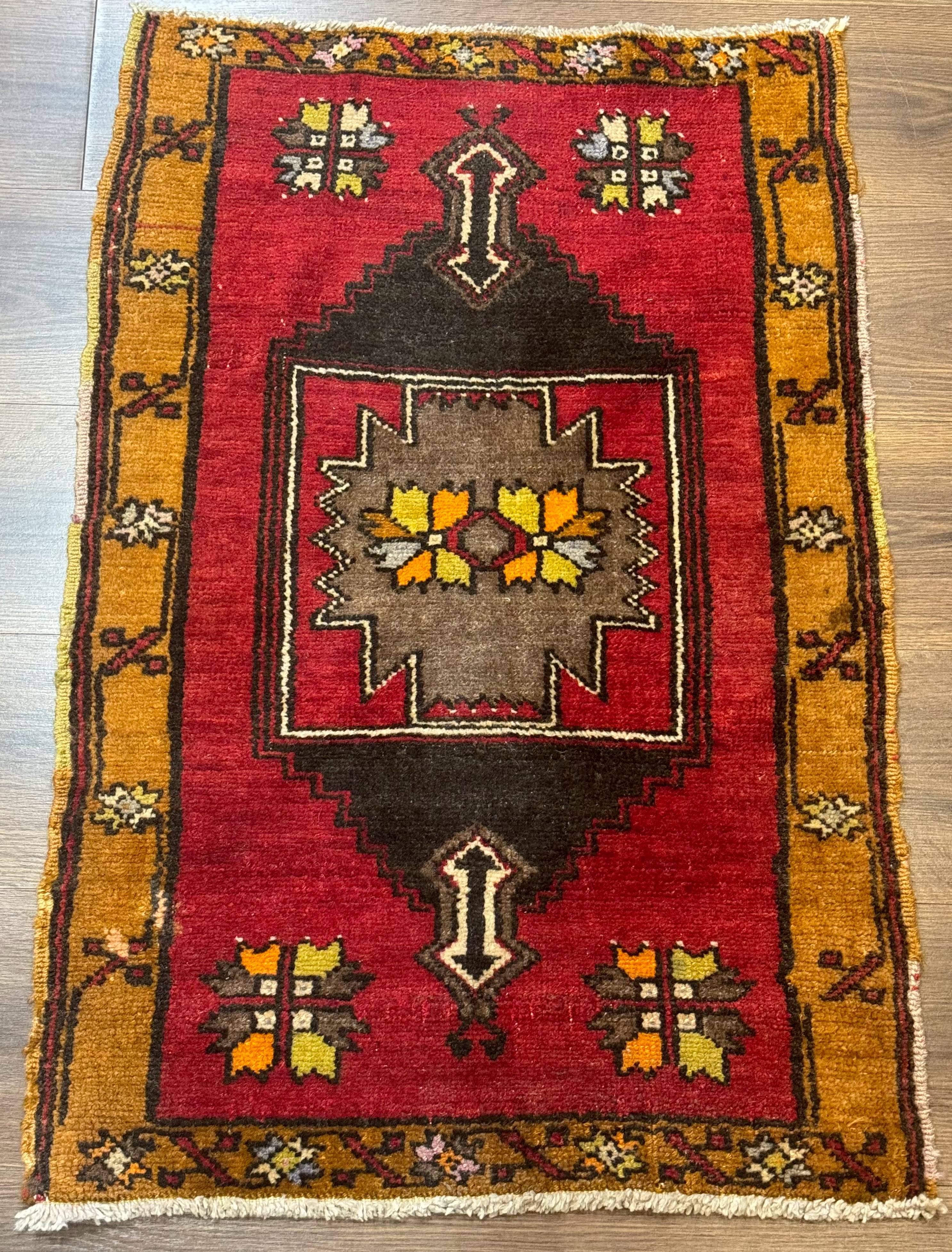 Turkish Yastik Rug 2x3, Geometric Medallion, Small Turkish Wool Rug, Red - Jewel Rugs