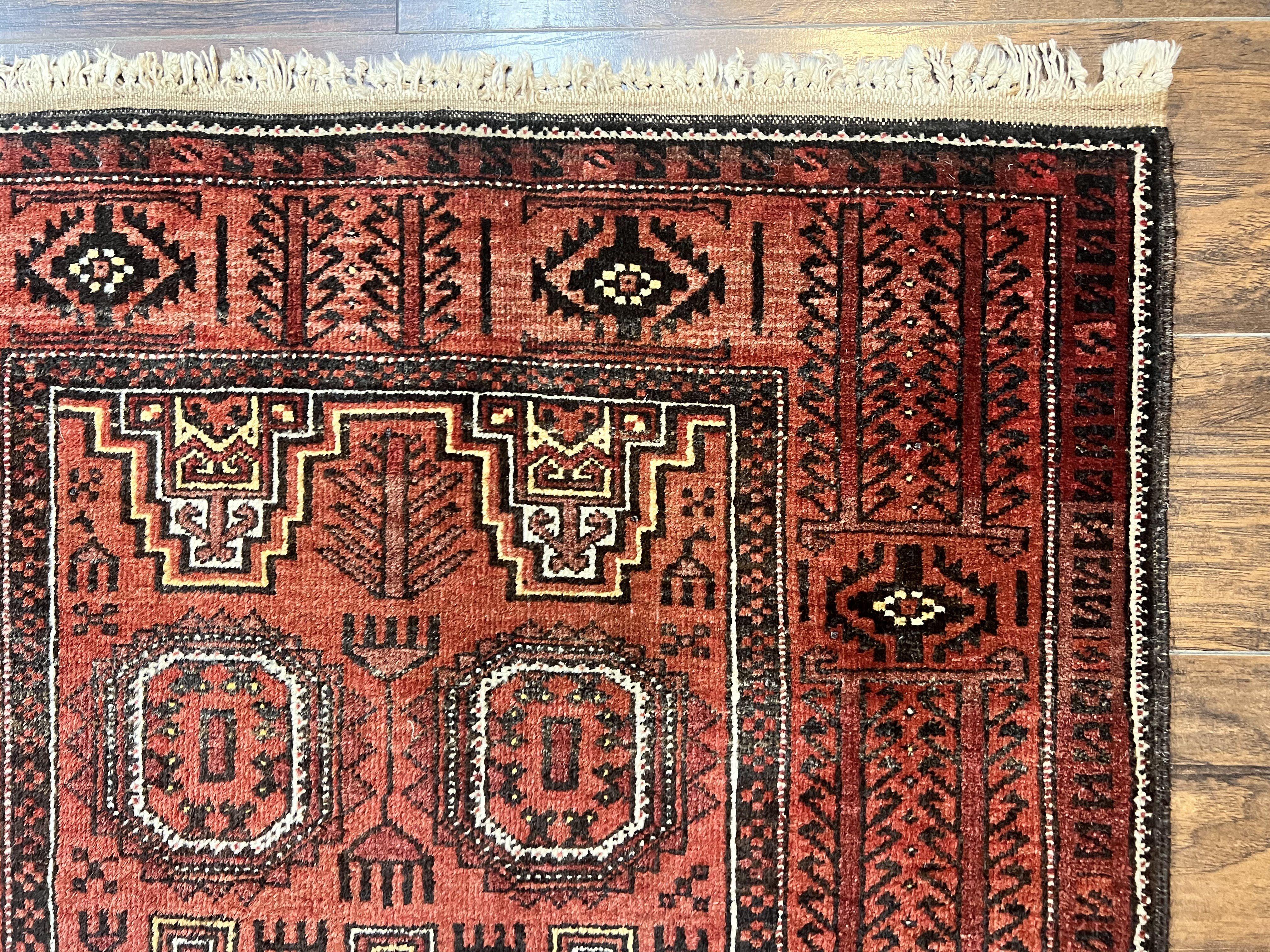 Antique Persian Turkoman Rug 3x6, Wool Tribal Handmade Carpet, Red and Black - Jewel Rugs