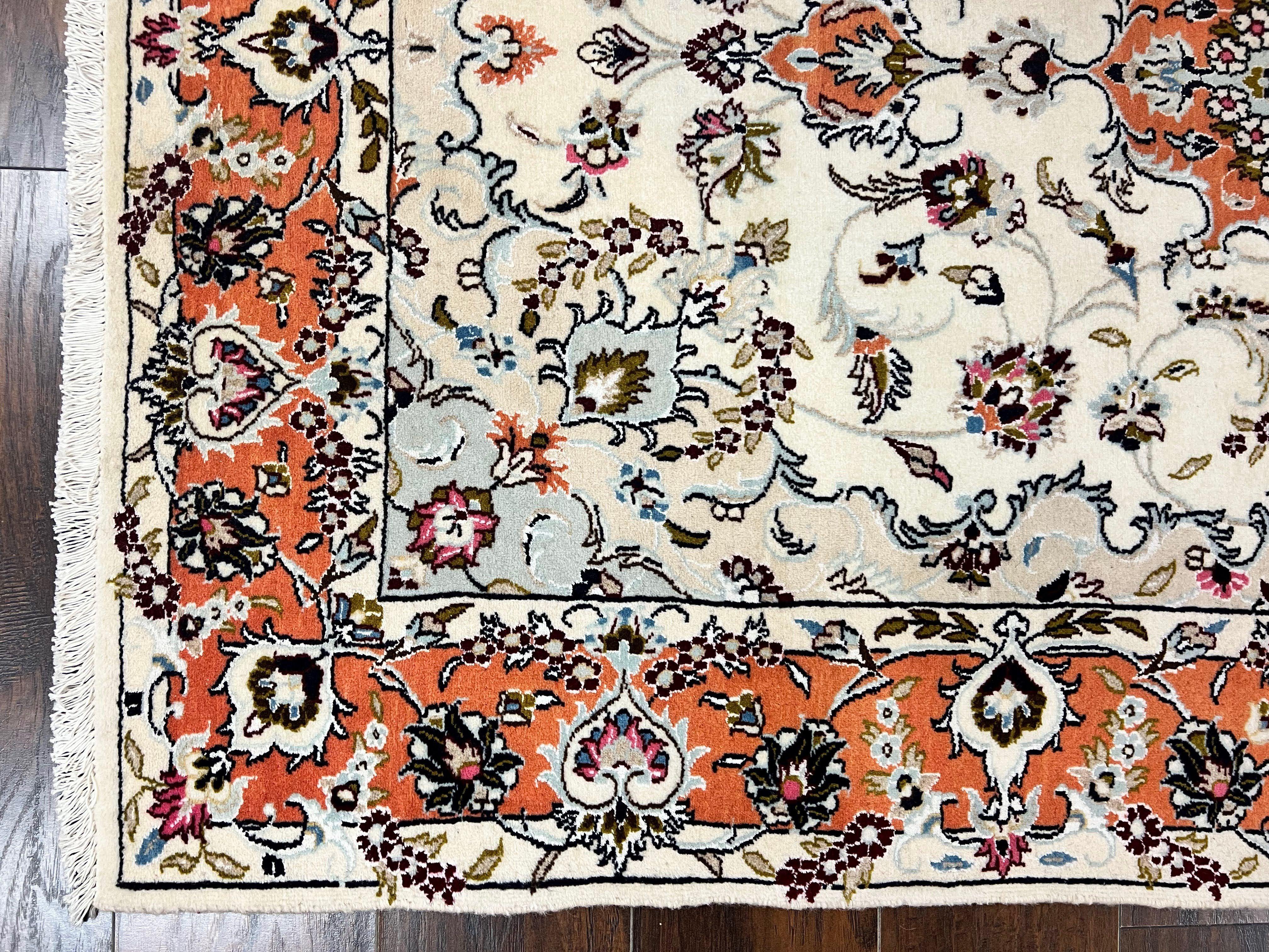 Persian Tabriz Rug 4.5 x 6.8, Finely Hand Knotted Wool with Silk Highlights Vintage Oriental Carpet, Cream and Salmon, High KPSI, Floral Medallion - Jewel Rugs