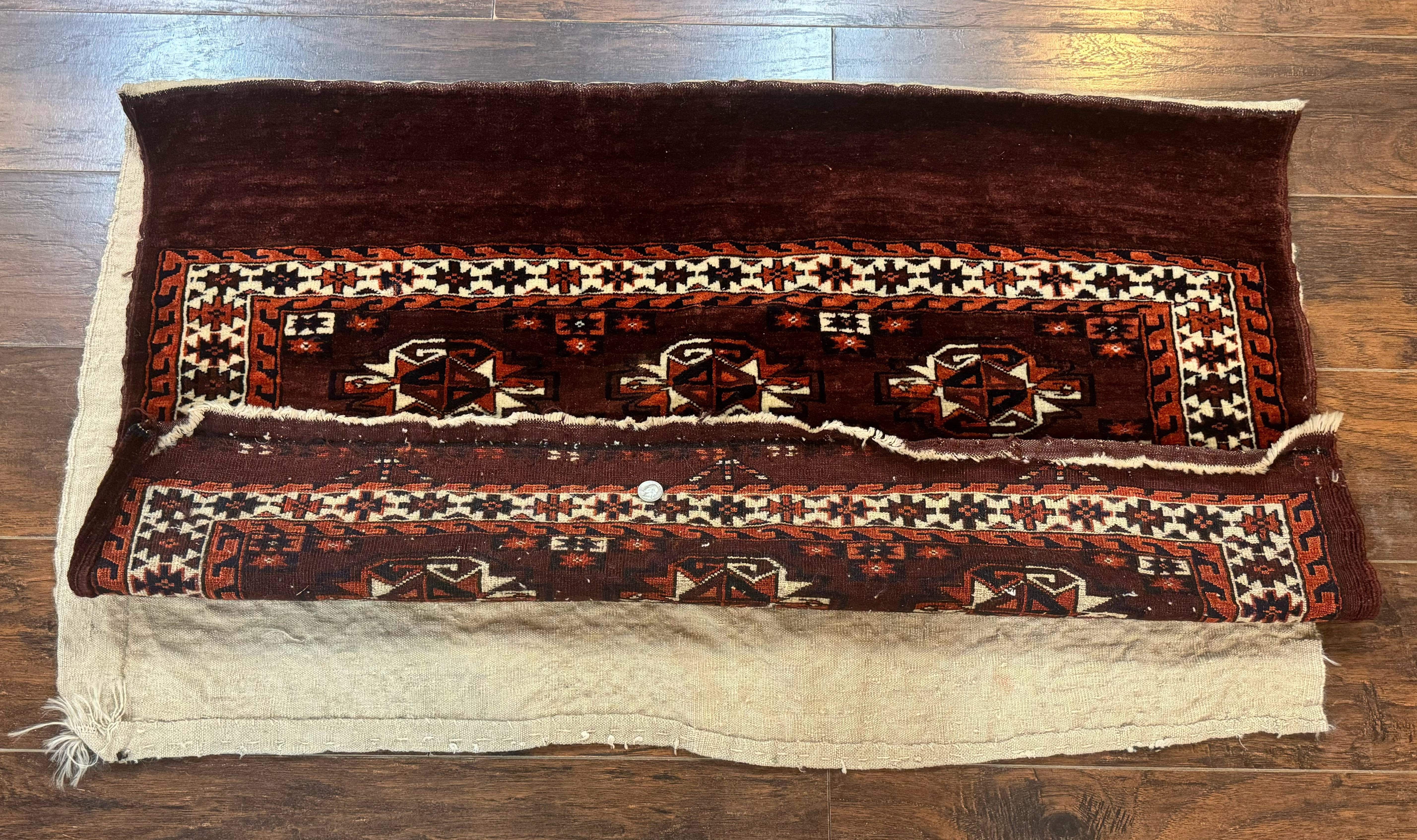 Persian Turkoman Yamud Cushion Cover Rug 3x4 – Burgundy and Ivory, Hand-Knotted Wool Antique - Jewel Rugs