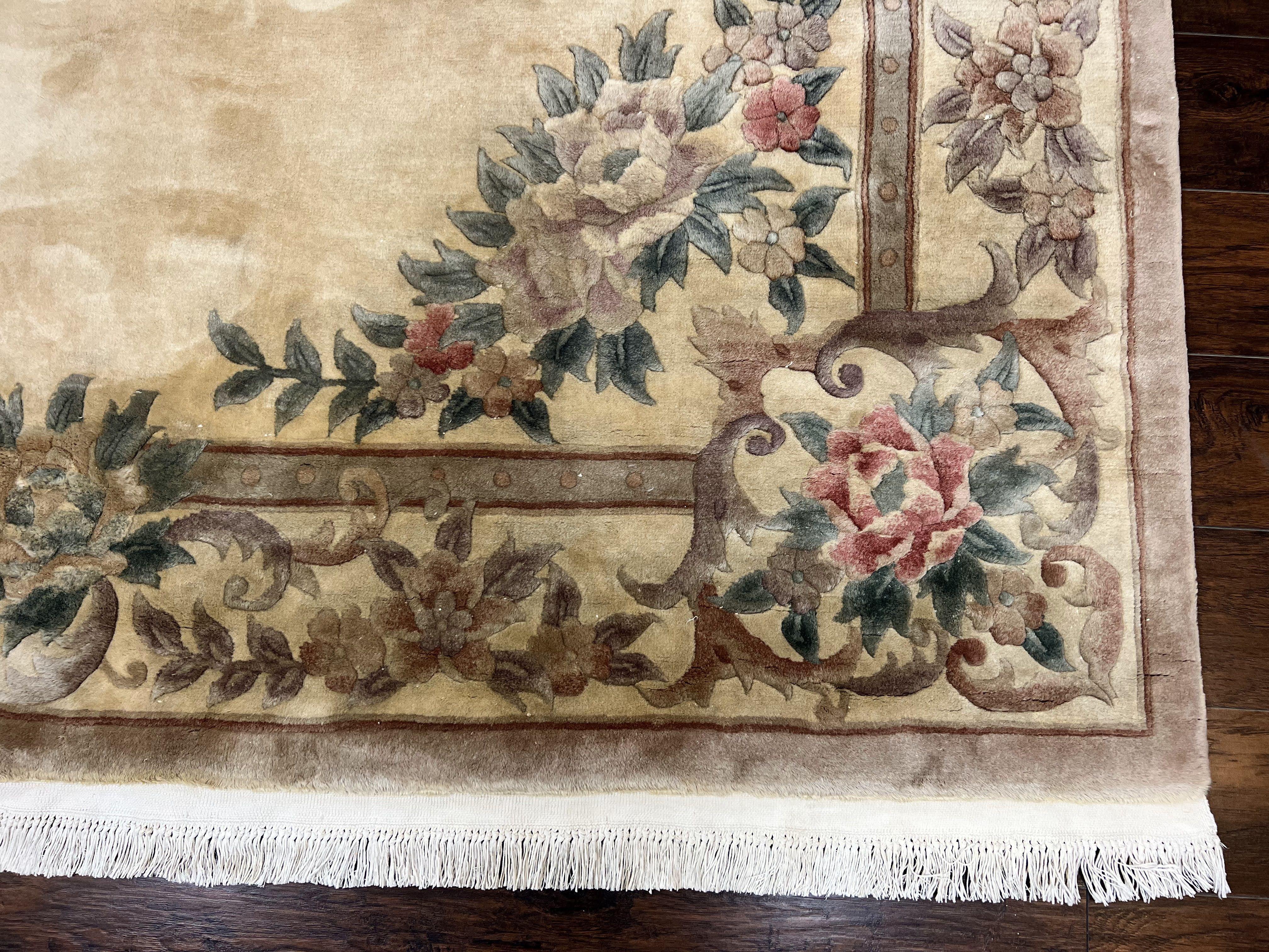 Chinese 90 Line Rug 9x12 ft, Vintage 1960s Chinese Wool Pile Aubusson Area Rug 9 x 12 ft, Tientsin Asian Oriental Rug, Floral - Jewel Rugs