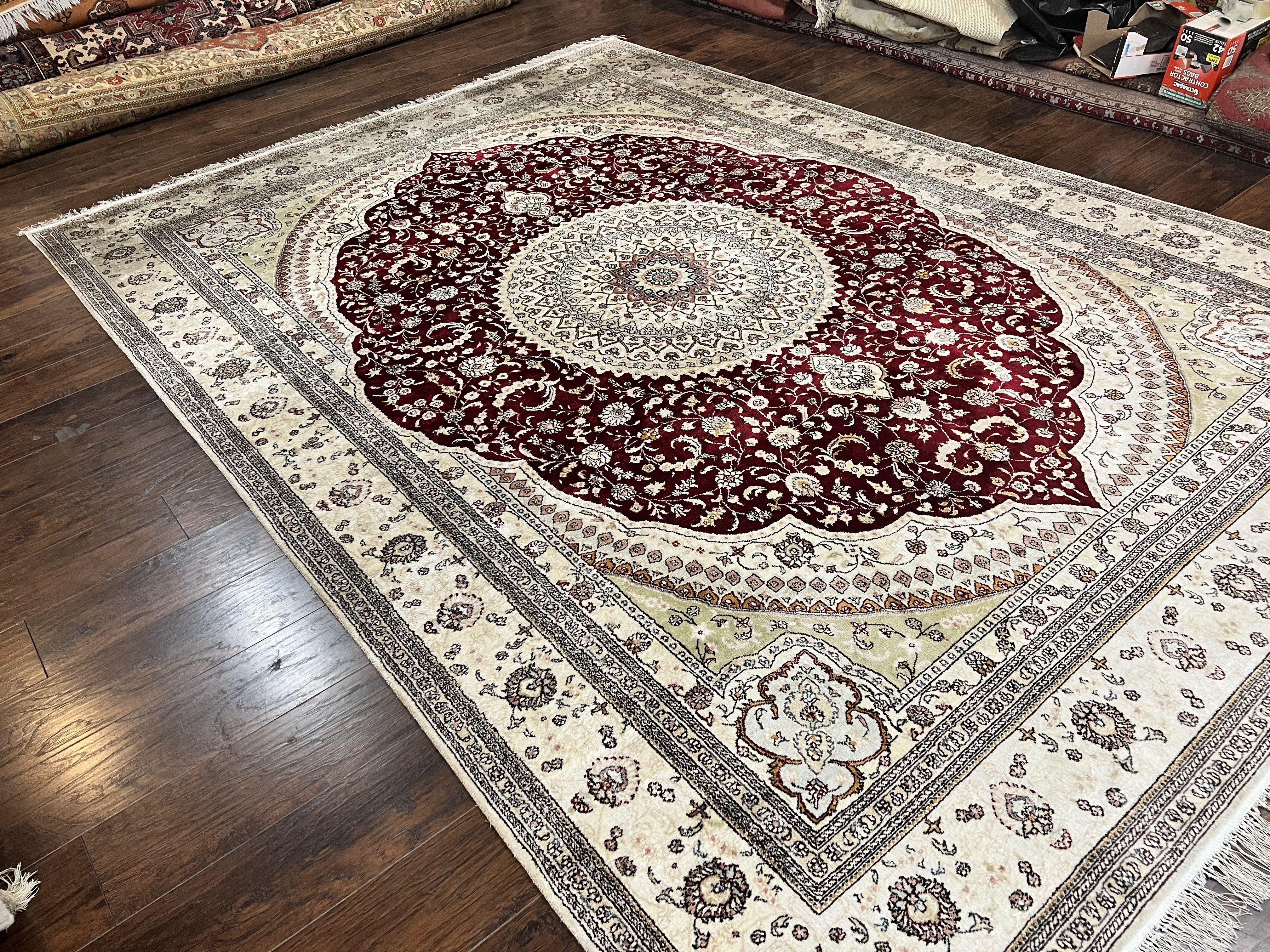 Silk Indian Kashmiri Rug 9x12, Room Sized Silk Carpet, Floral Medallion, Very Fine, Masterpiece Rug, Silk Oriental Rug, Dark Red & Cream Rug - Jewel Rugs