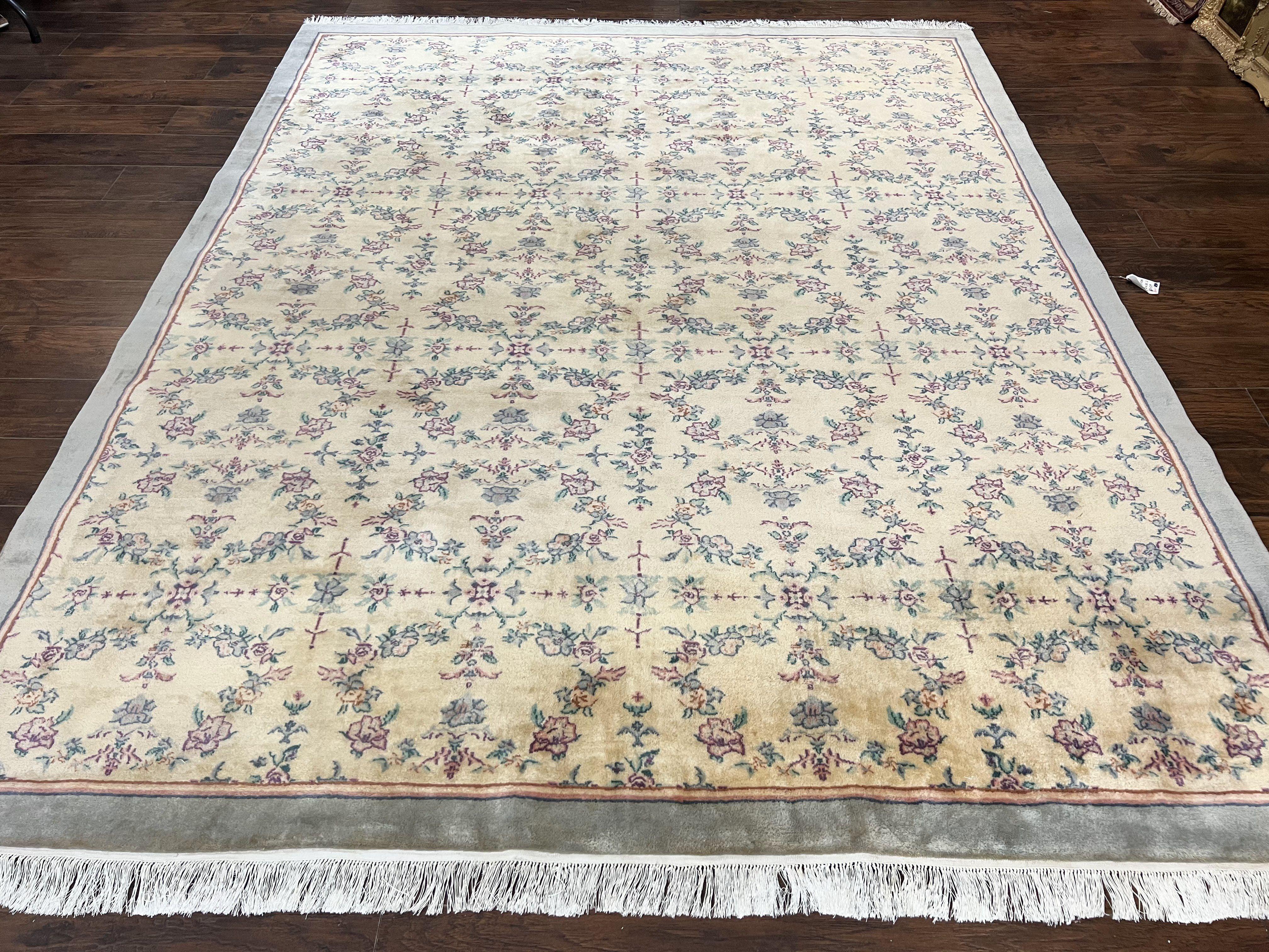 Sino Persian Rug 8x10, Floral, Oatmeal and Light Teal, Handmade Wool Vintage Carpet - Jewel Rugs