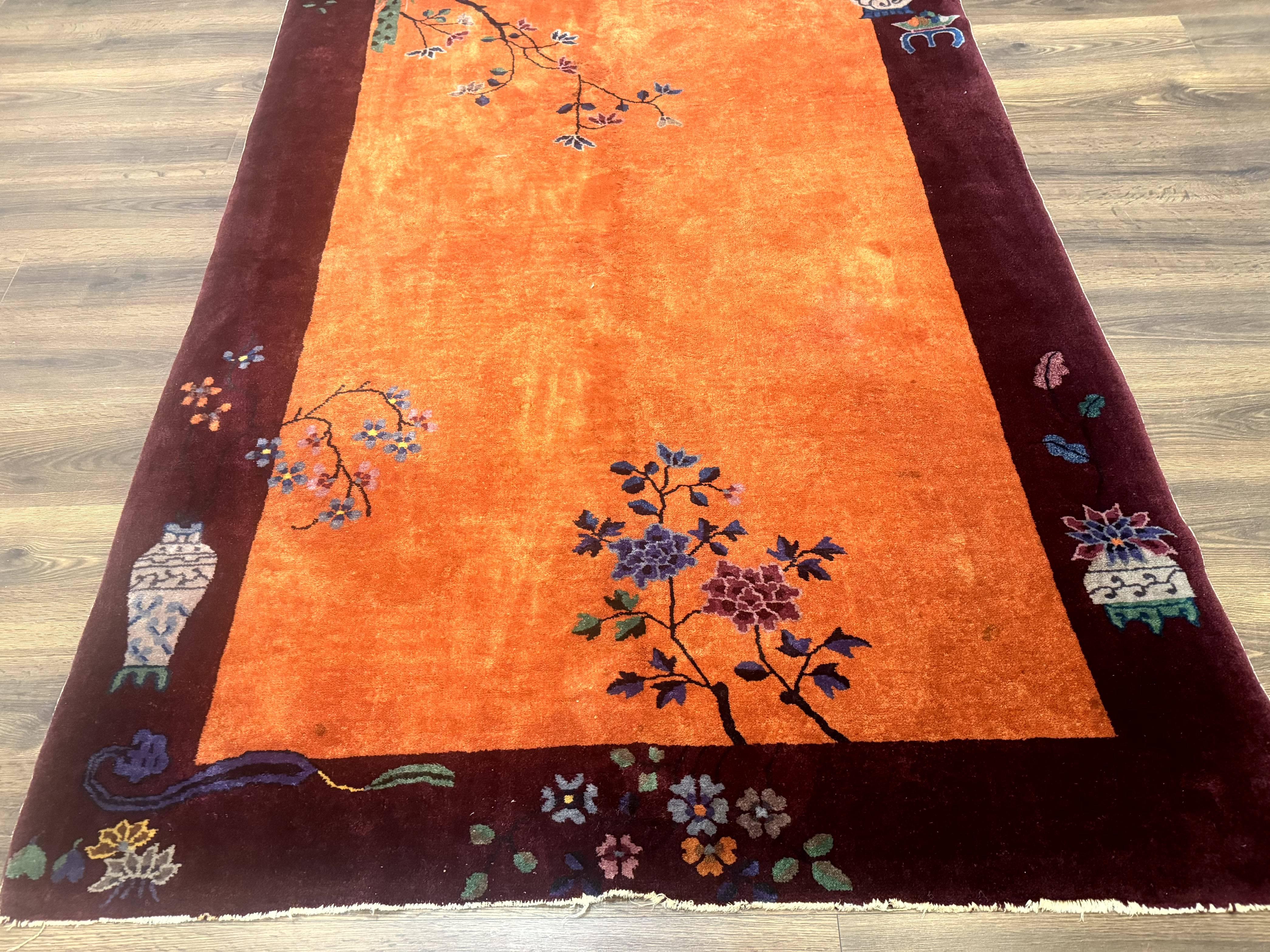 Chinese Art Deco Rug 5x8, Antique Chinese Wool Rug, Nichols Rug, Rare Chinese Carpet, Orange and Purple-Maroon - Jewel Rugs