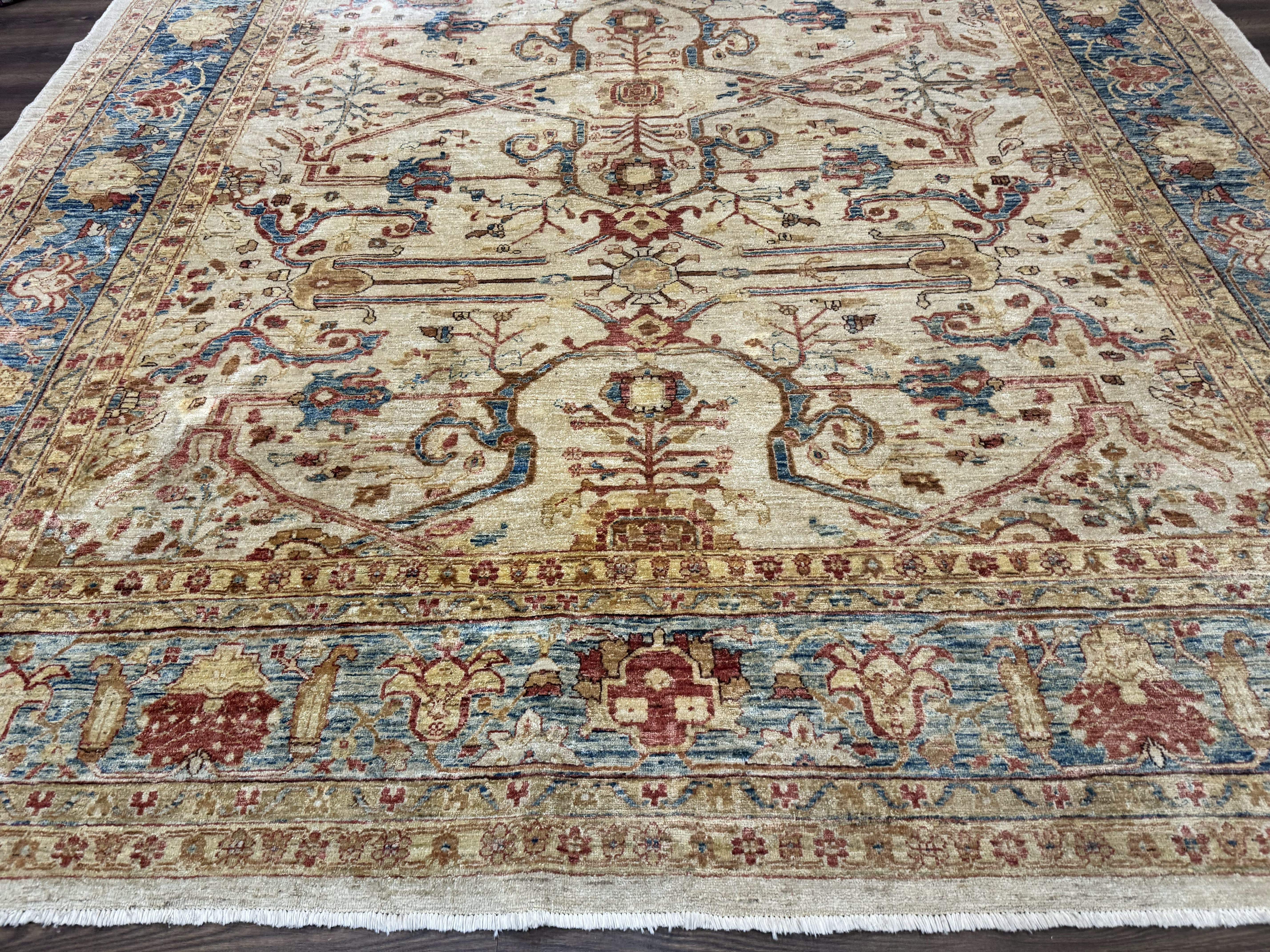 Pakistani Peshawar Rug 10x12 – Tan and Blue, Hand-Knotted Wool Oushak Carpet - Jewel Rugs