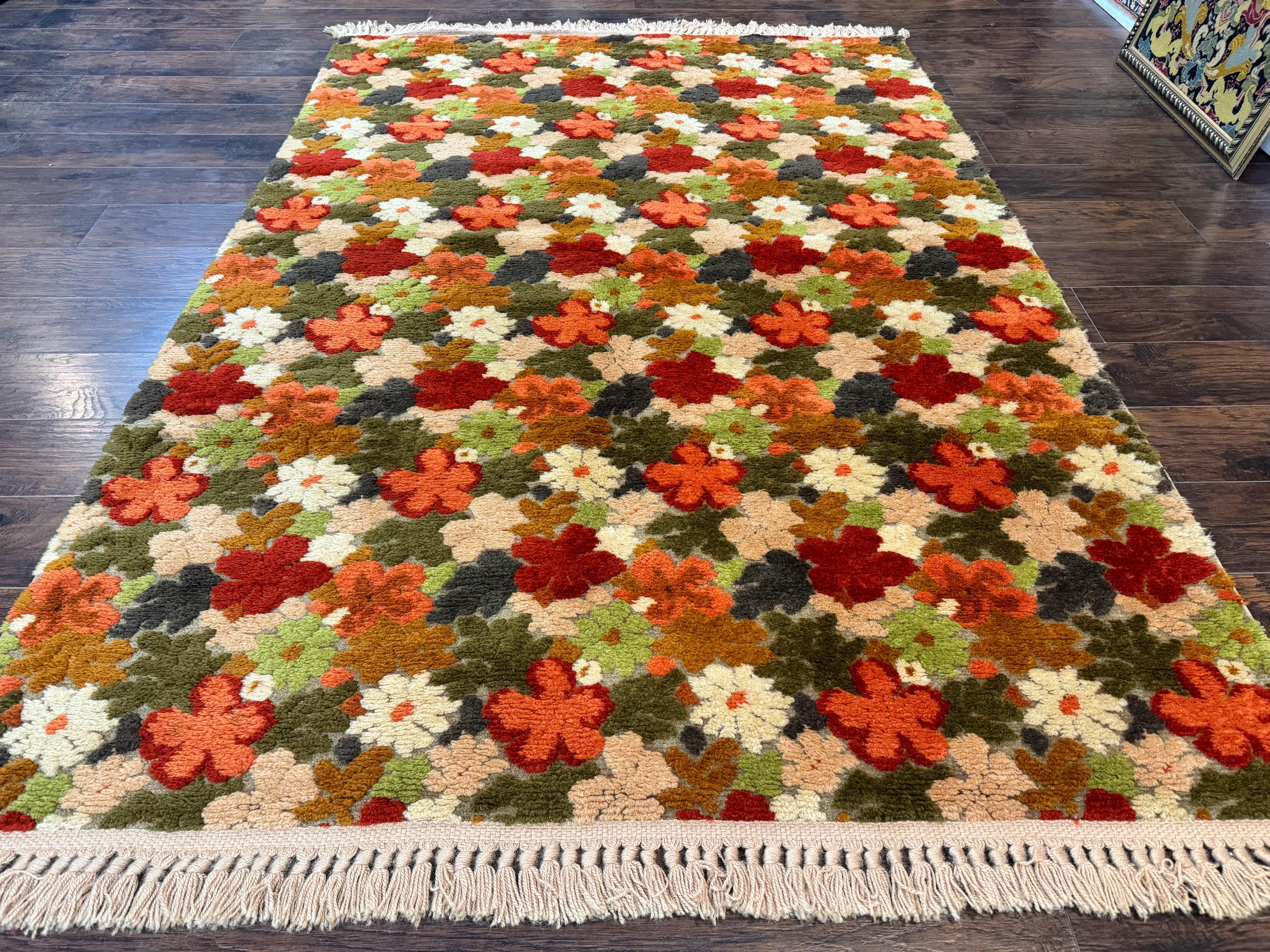 Floral Rug 6x9, Orange Green Beige, Vintage, Wool - Jewel Rugs