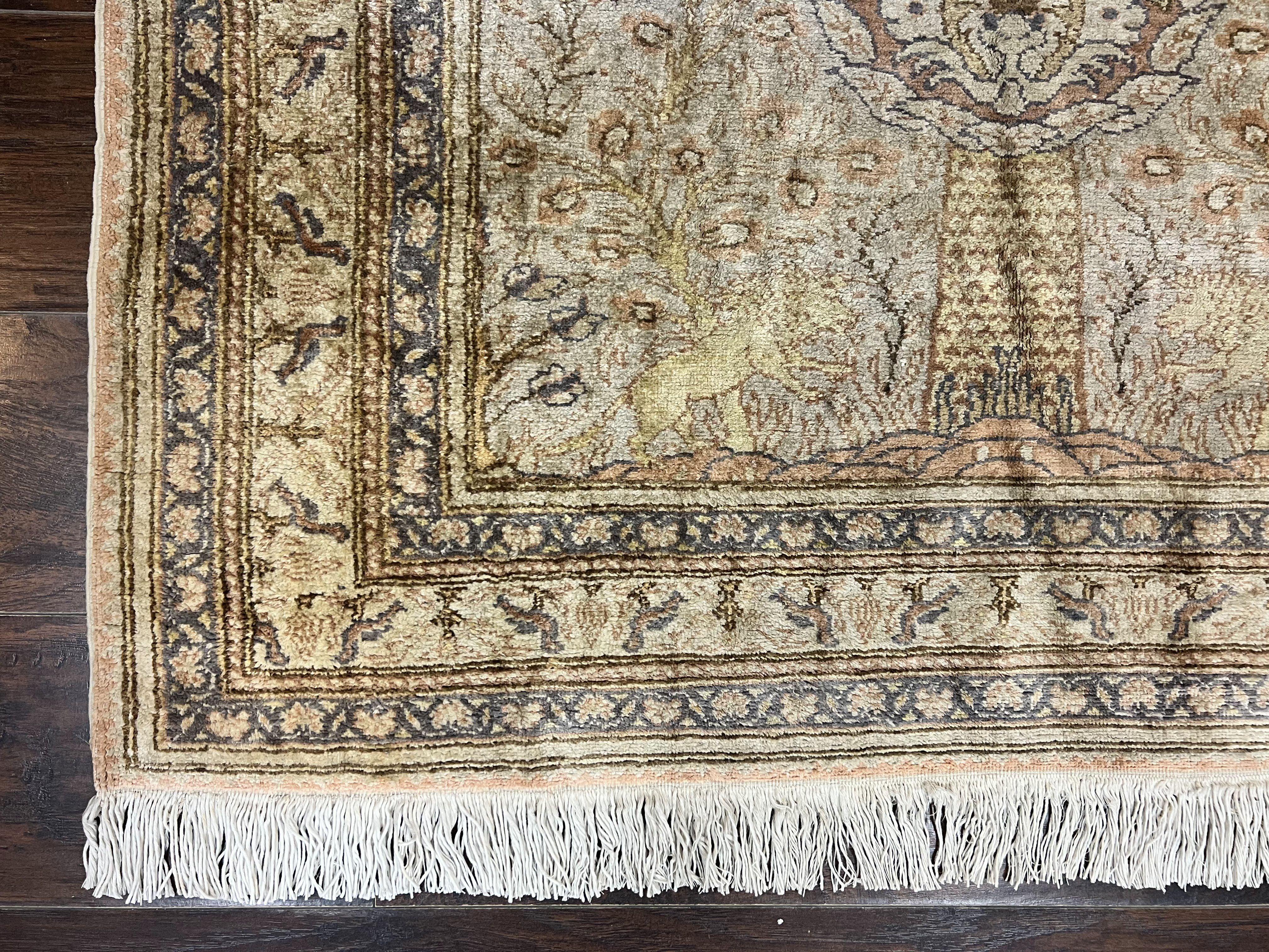 Turkish Kayseri Silk Rug 4x6, Tree of Life Pattern, Vintage Handmade Hand Knotted Carpet, Animal Pictorials, Birds - Jewel Rugs