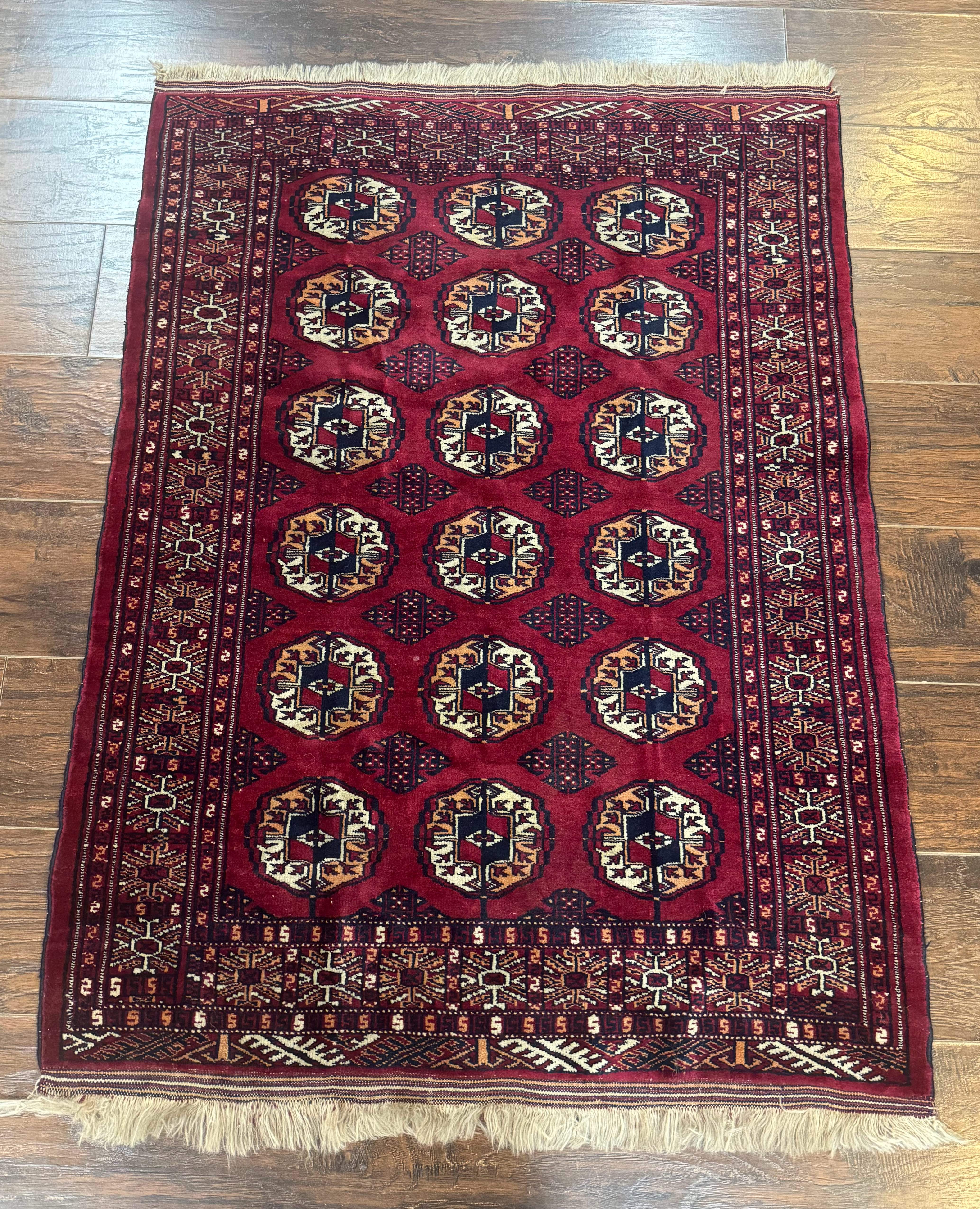 Persian Turkoman Rug 3x4 – Raspberry Red and Ivory, Handmade Wool Vintage Carpet - Jewel Rugs