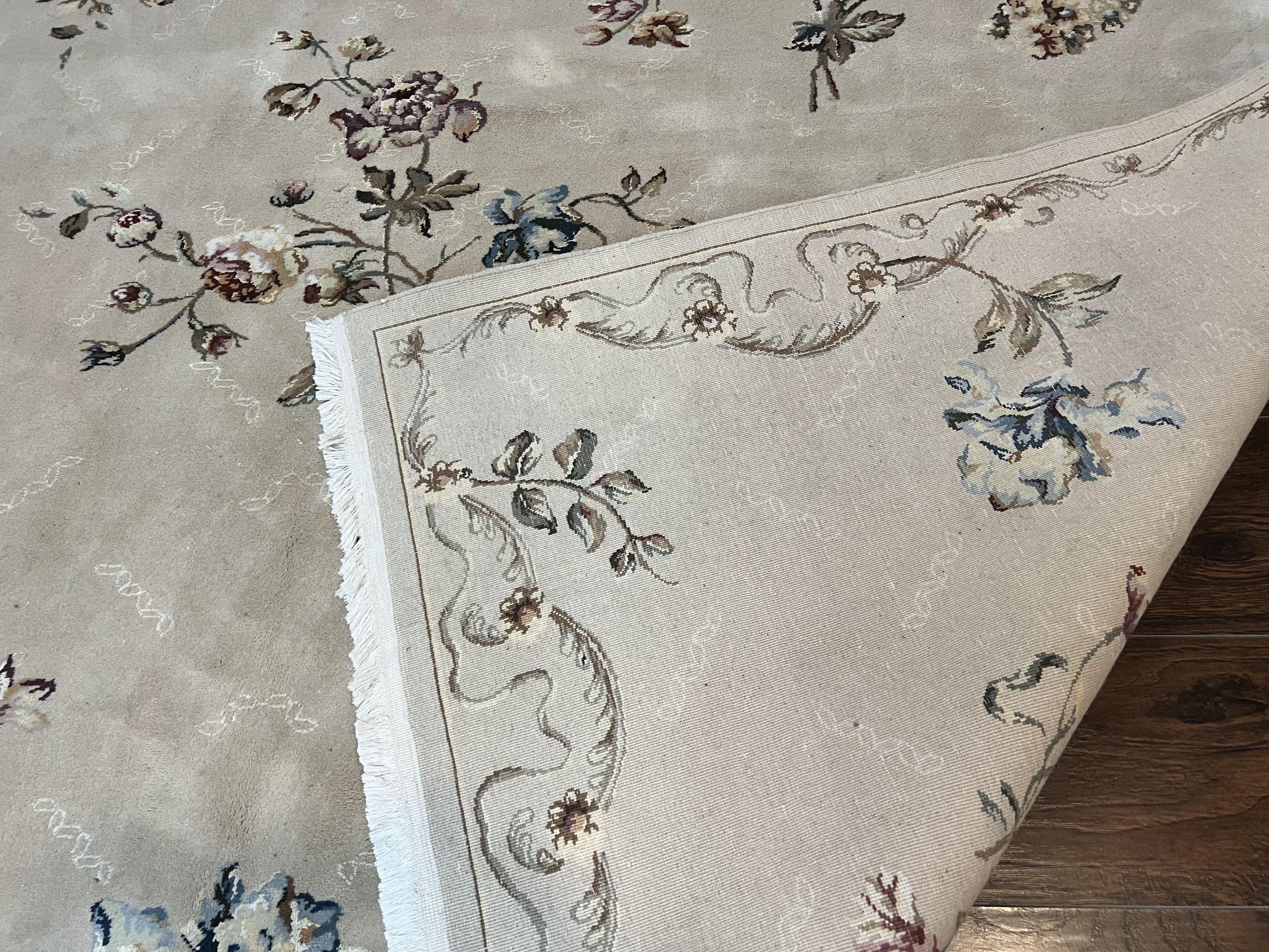 Chinese 120 Line Rug 8x10, Chinese Aubusson Wool & Silk Highlights Handmade Vintage Carpet, Beige Fine Weave Rug, Floral European Design - Jewel Rugs