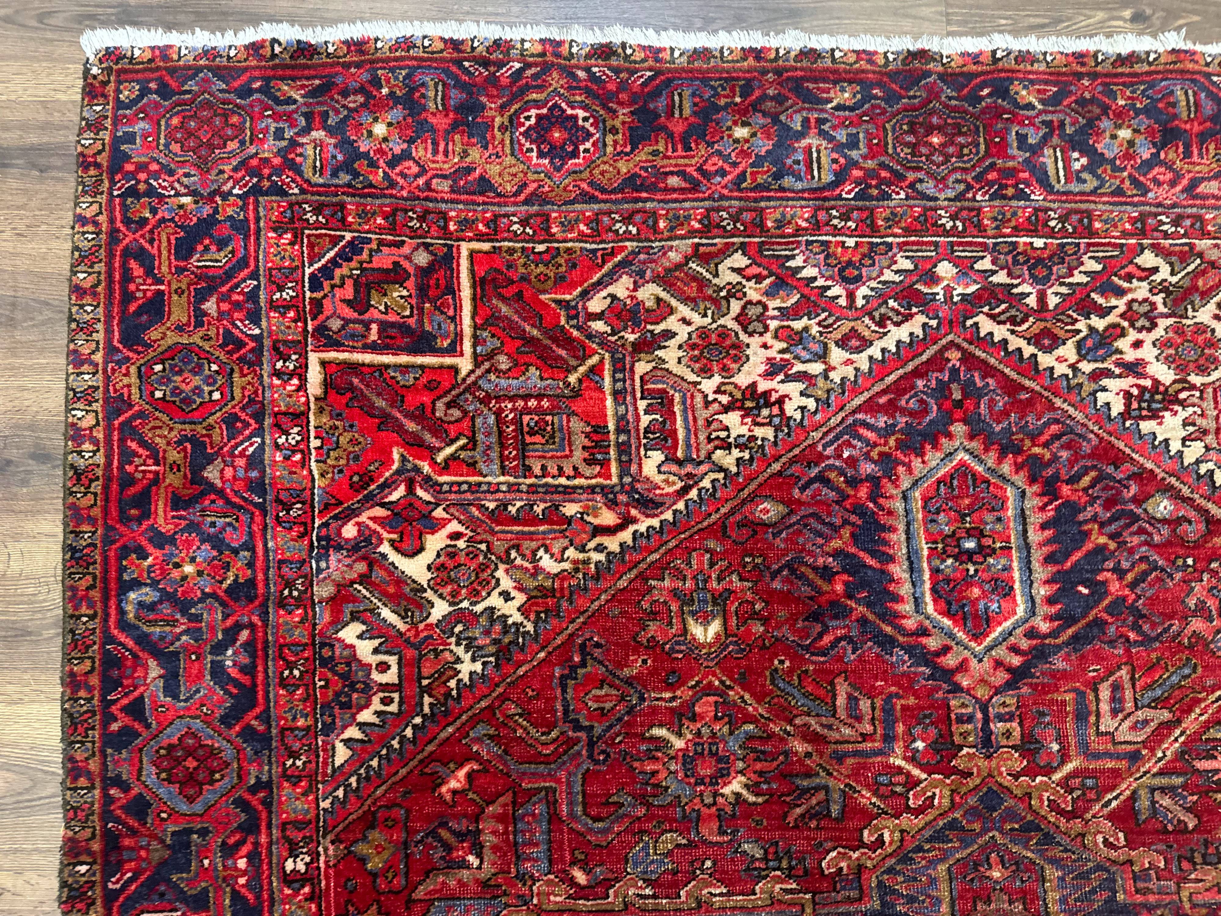 Persian Heriz Rug 7x10, Geometric Pattern, Red Ivory Navy Blue - Jewel Rugs