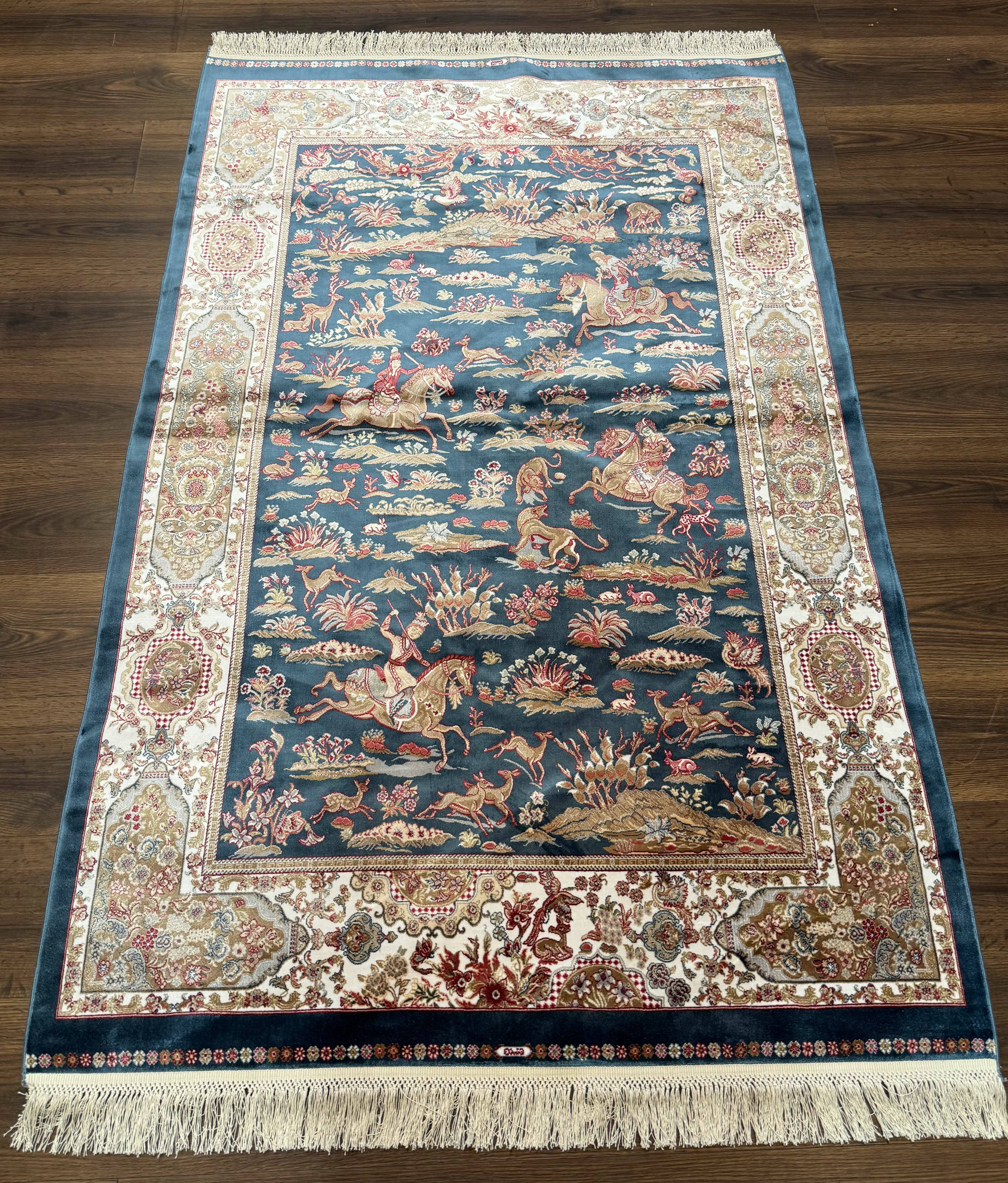 Turkish Silk Hunting Design Rug 4x6, Dark Steel Blue & Ivory, Bamboo Silk, New - Jewel Rugs