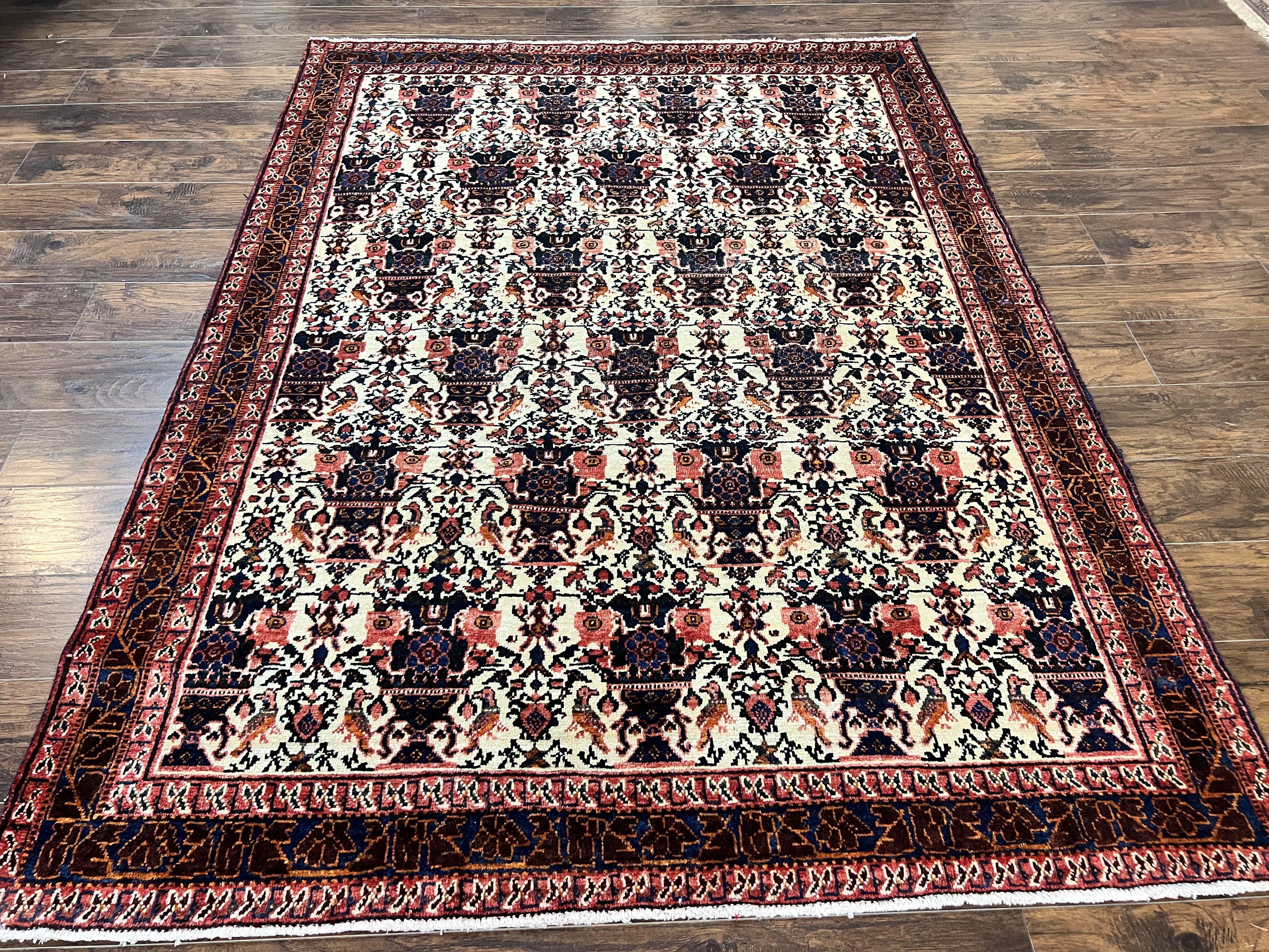 Persian Afshar Rug 6x8, Wool Hand Knotted Semi Antique Vintage Carpet, Floral Allover, Repeated Birds Flowers Vases Motifs - Jewel Rugs