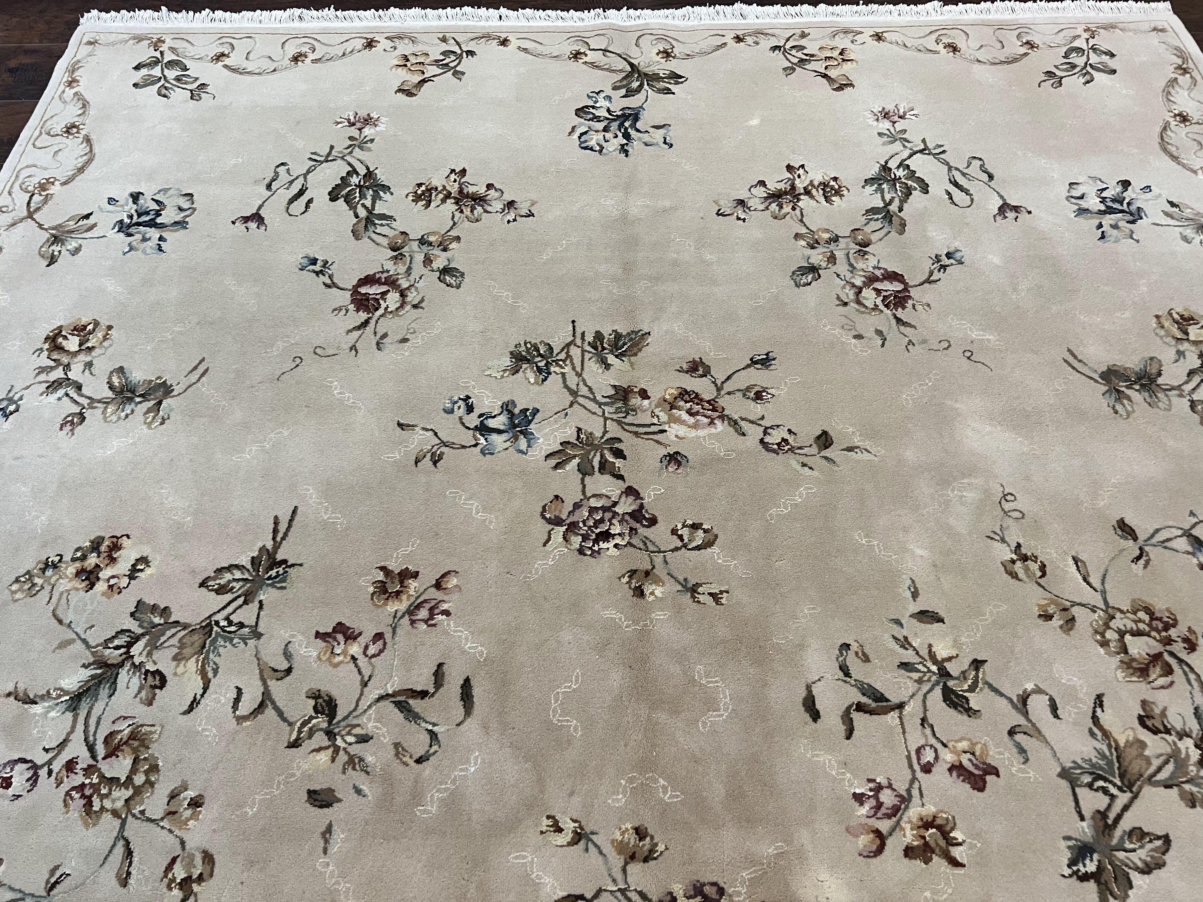 Chinese 120 Line Rug 8x10, Chinese Aubusson Wool & Silk Highlights Handmade Vintage Carpet, Beige Fine Weave Rug, Floral European Design - Jewel Rugs