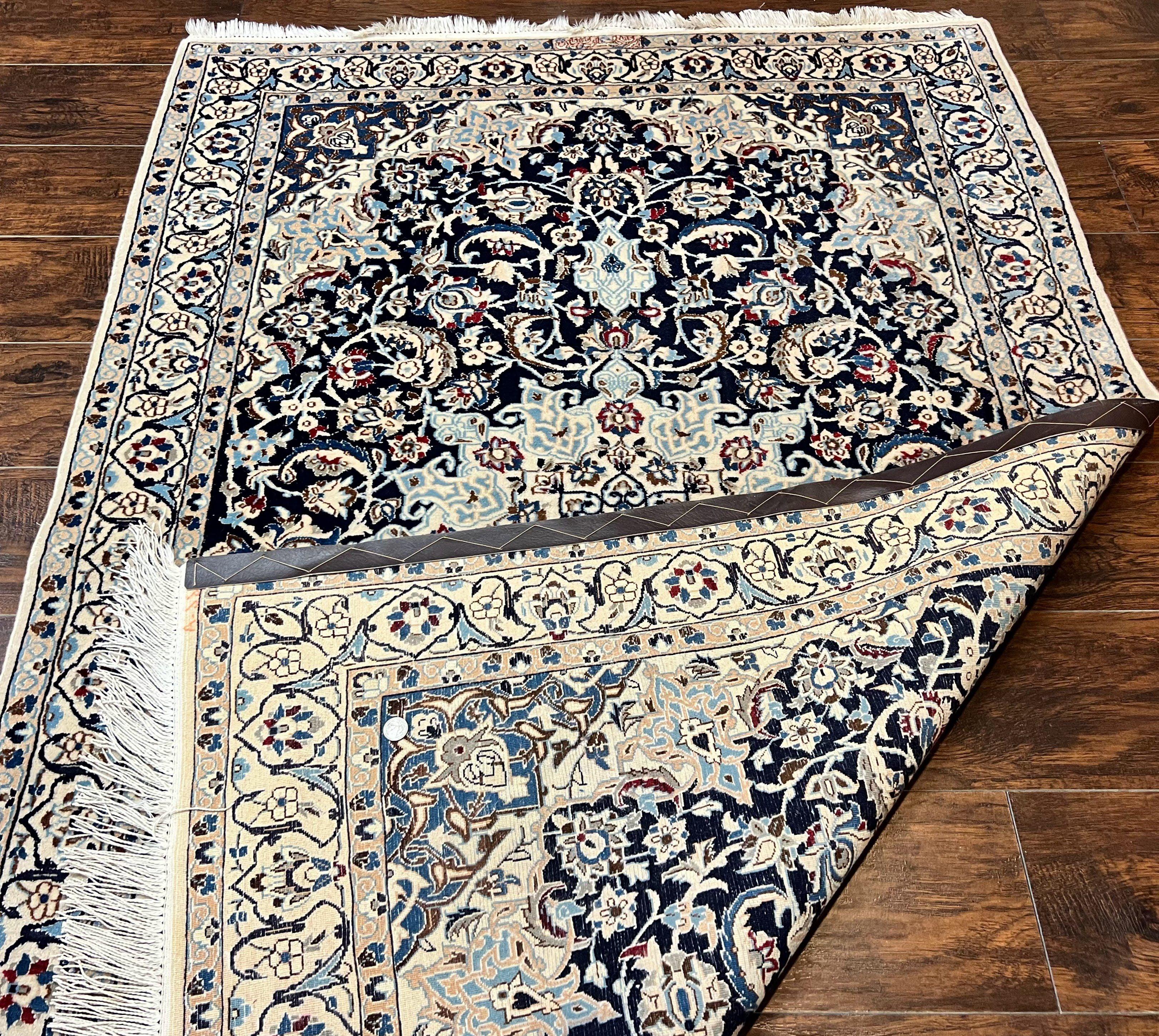 Persian Nain Rug 4x6, Floral, Hand Knotted Vintage Wool & Silk Highlights, Signature from Masterweaver, Navy Blue and Ivory - Jewel Rugs