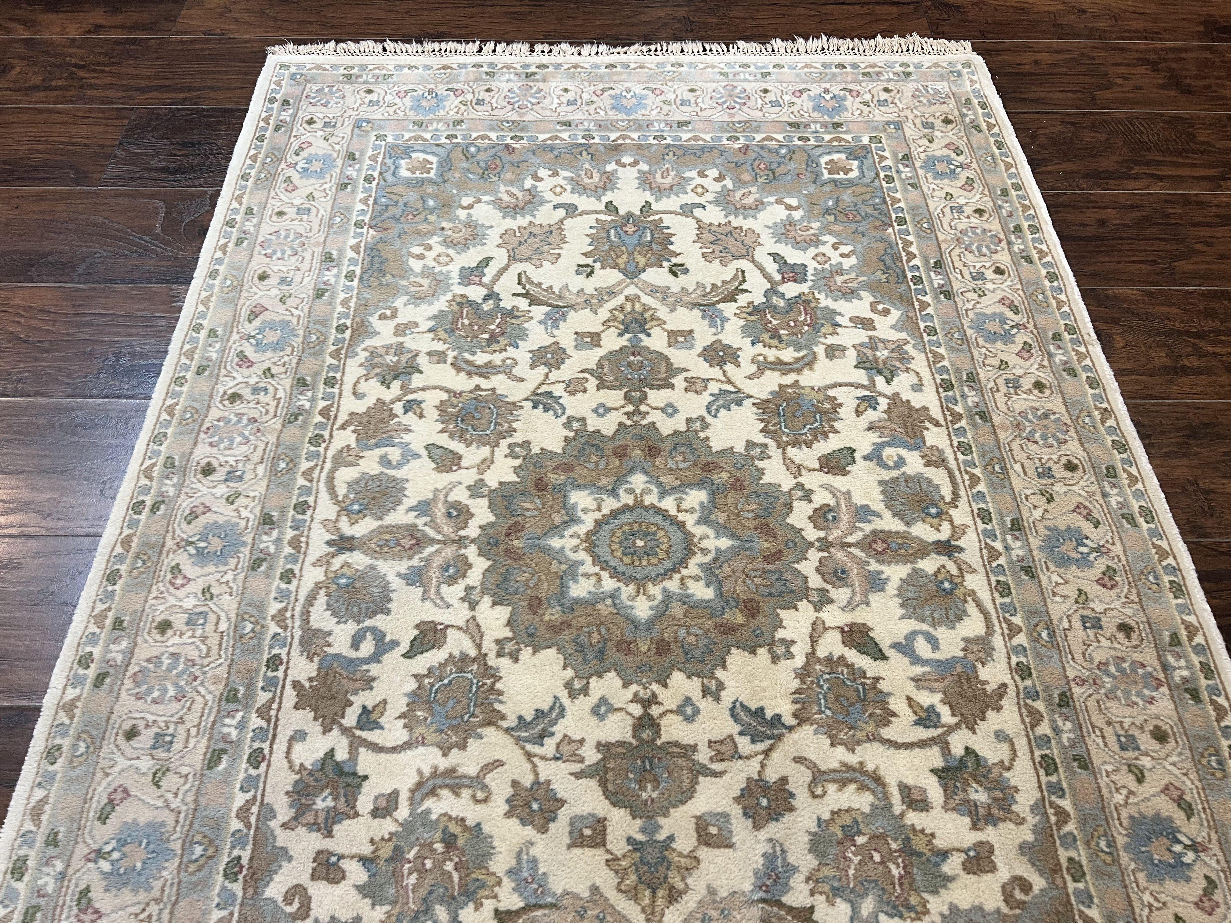 Indo Persian Rug 4x6, Floral Medallion, Beige, Handmade Wool Vintage Carpet 4 x 6 ft - Jewel Rugs