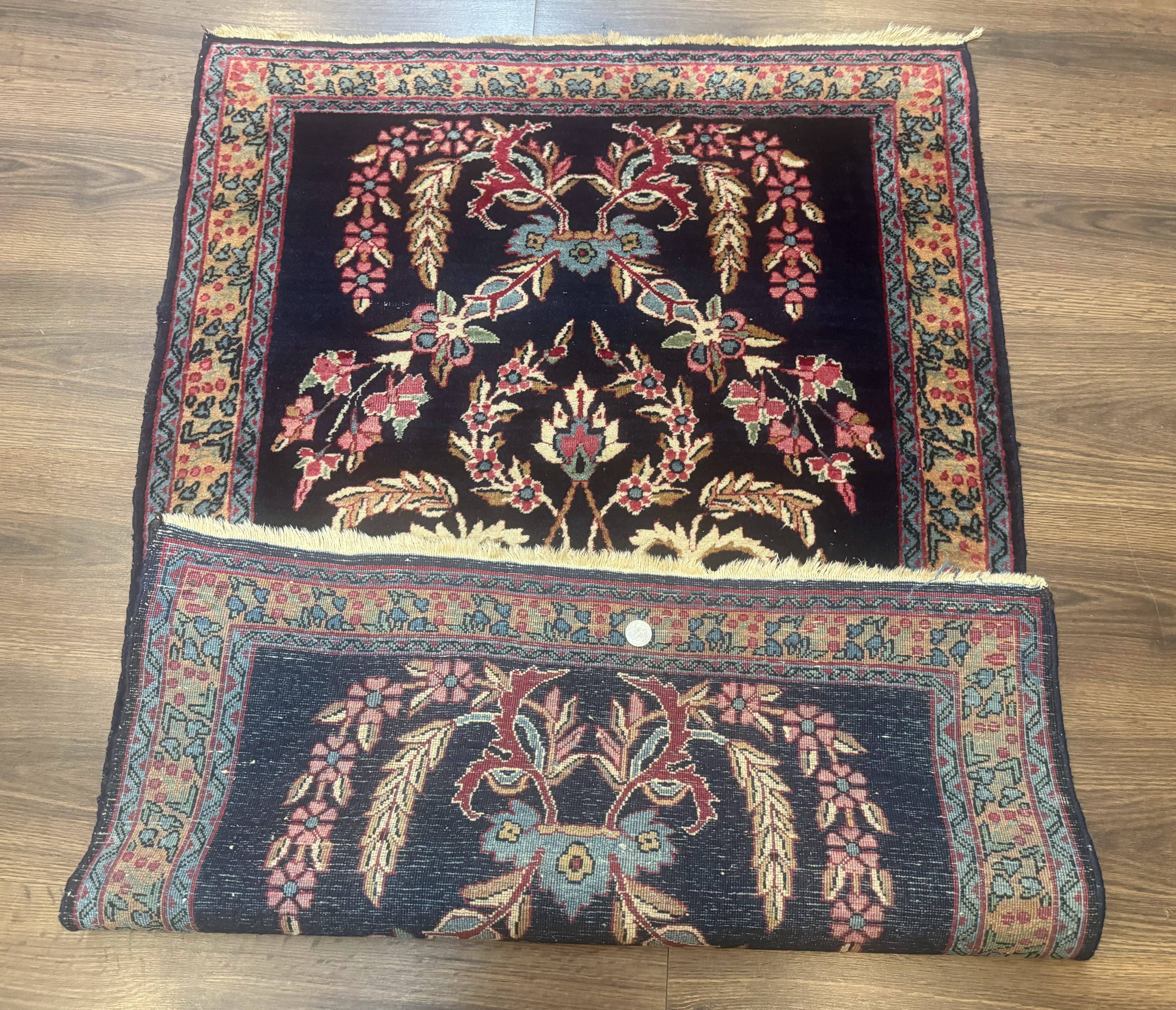 Antique Persian Kerman Rug 2.8 x 4, Navy Blue, Floral - Jewel Rugs