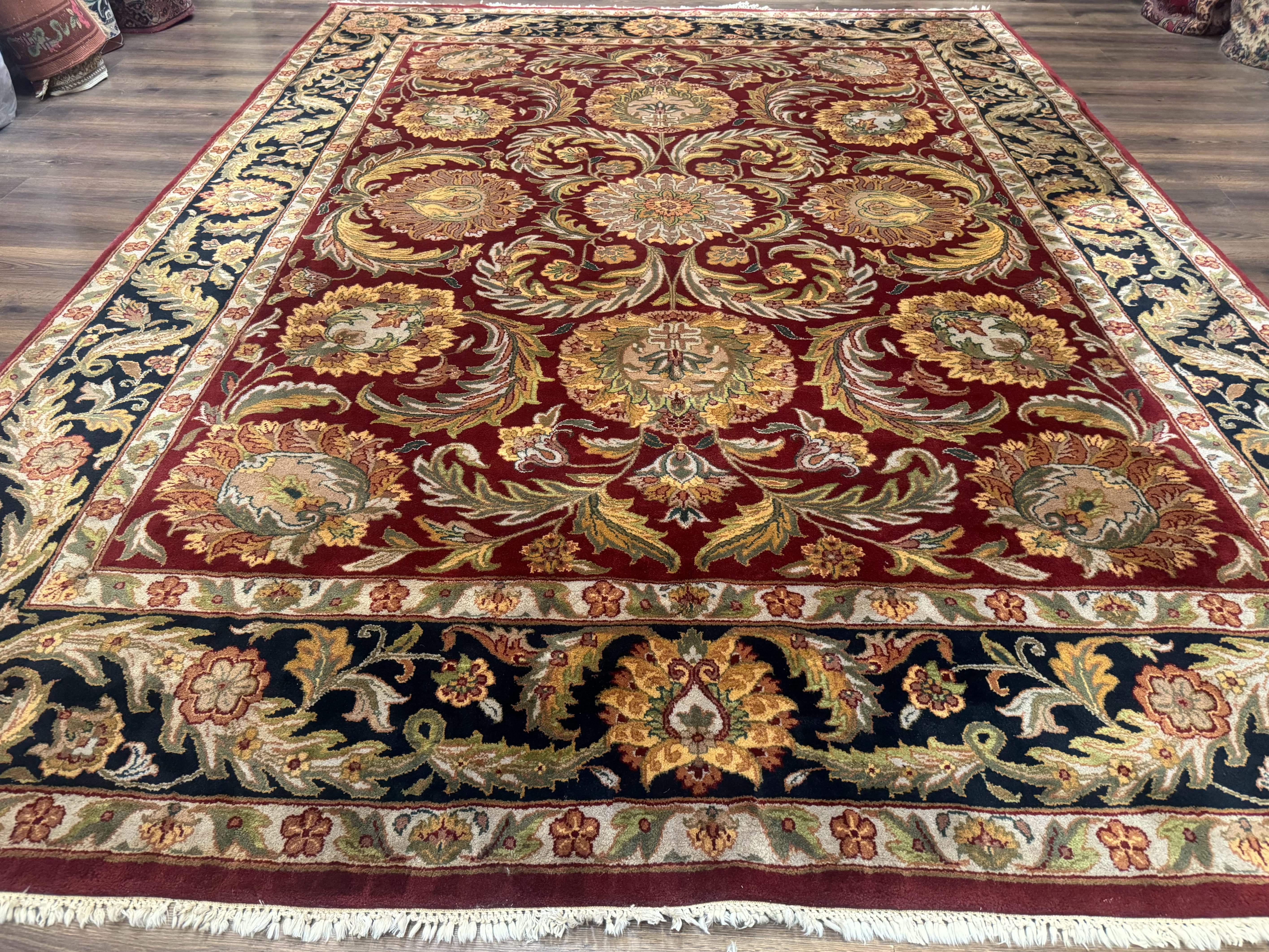 Indian Agra Rug 9x12 – Red, Hand-Knotted Wool Vintage Carpet - Jewel Rugs