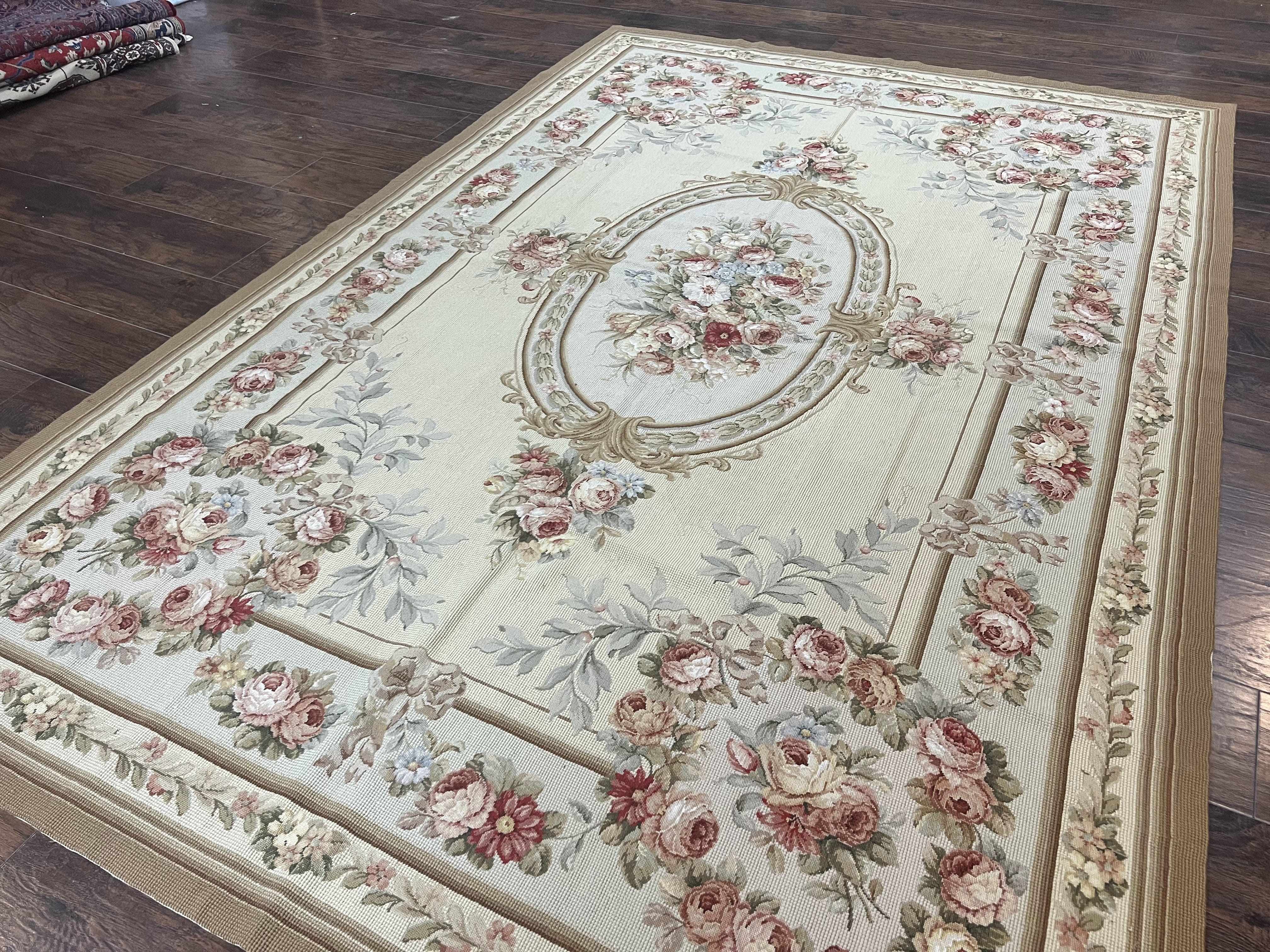 Needlepoint Rug, Aubusson Design, Petit Point Carpet, Floral, Cream, French European Design, Flatweave, Wool, Vintage - Jewel Rugs
