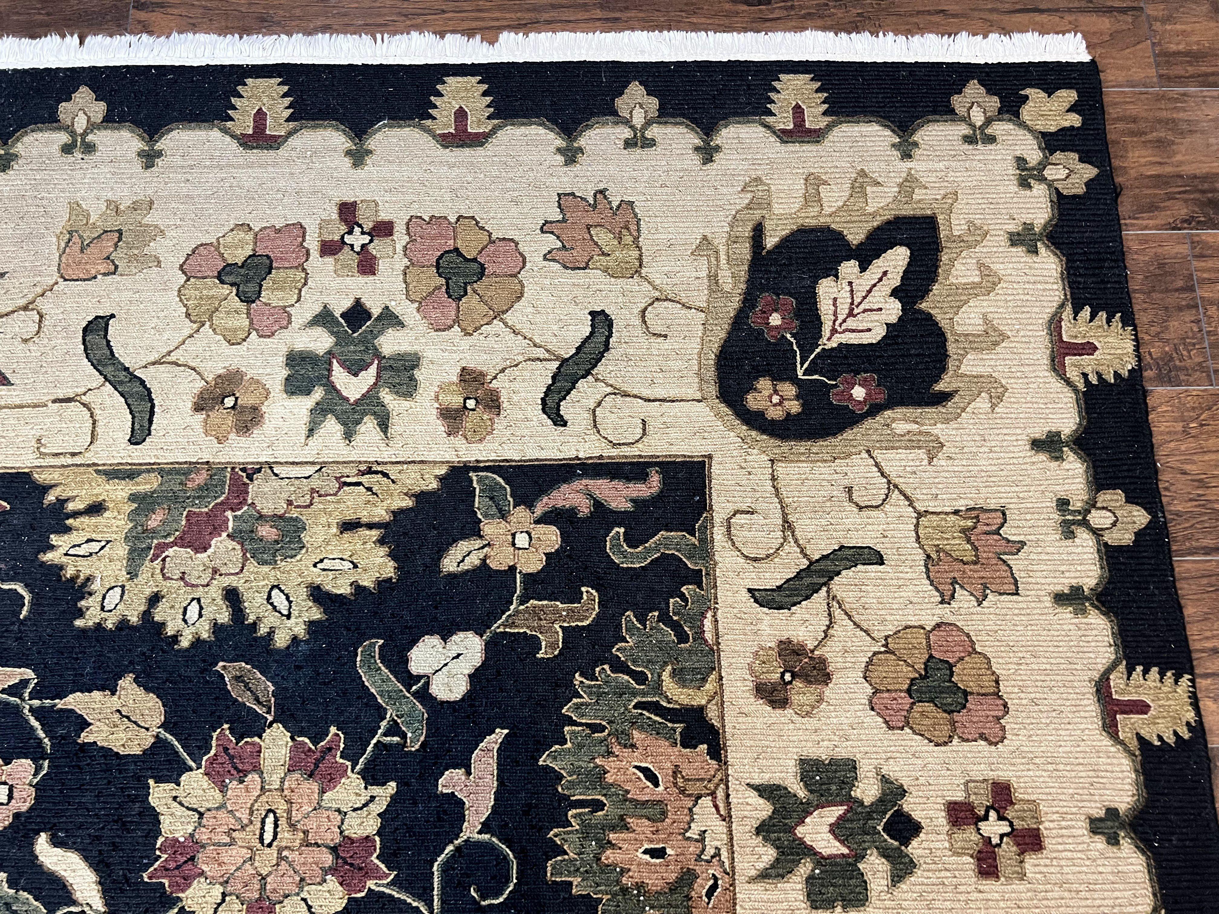 Indo Persian Rug 10x14, Wool Handmade Room Sized Floral Oriental Carpet, Indian Mahal Flatweave Rug, Black Beige - Jewel Rugs