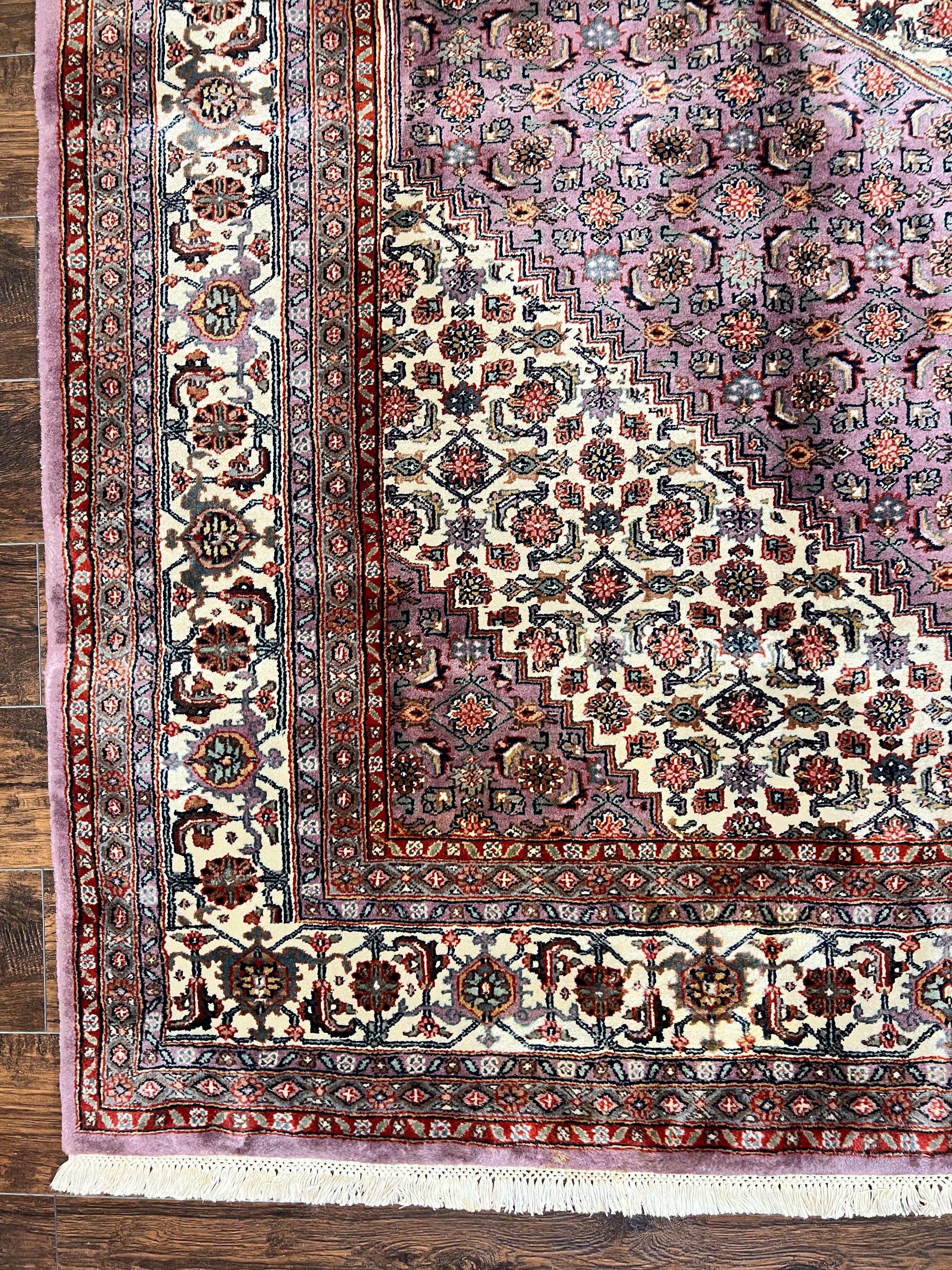 Indo Persian Bidjar Rug 8x10, Purple and Ivory Hand Knotted Wool Vintage Oriental Carpet, Herati Mahi Pattern, 8 x 10 Traditional Fine Rug - Jewel Rugs