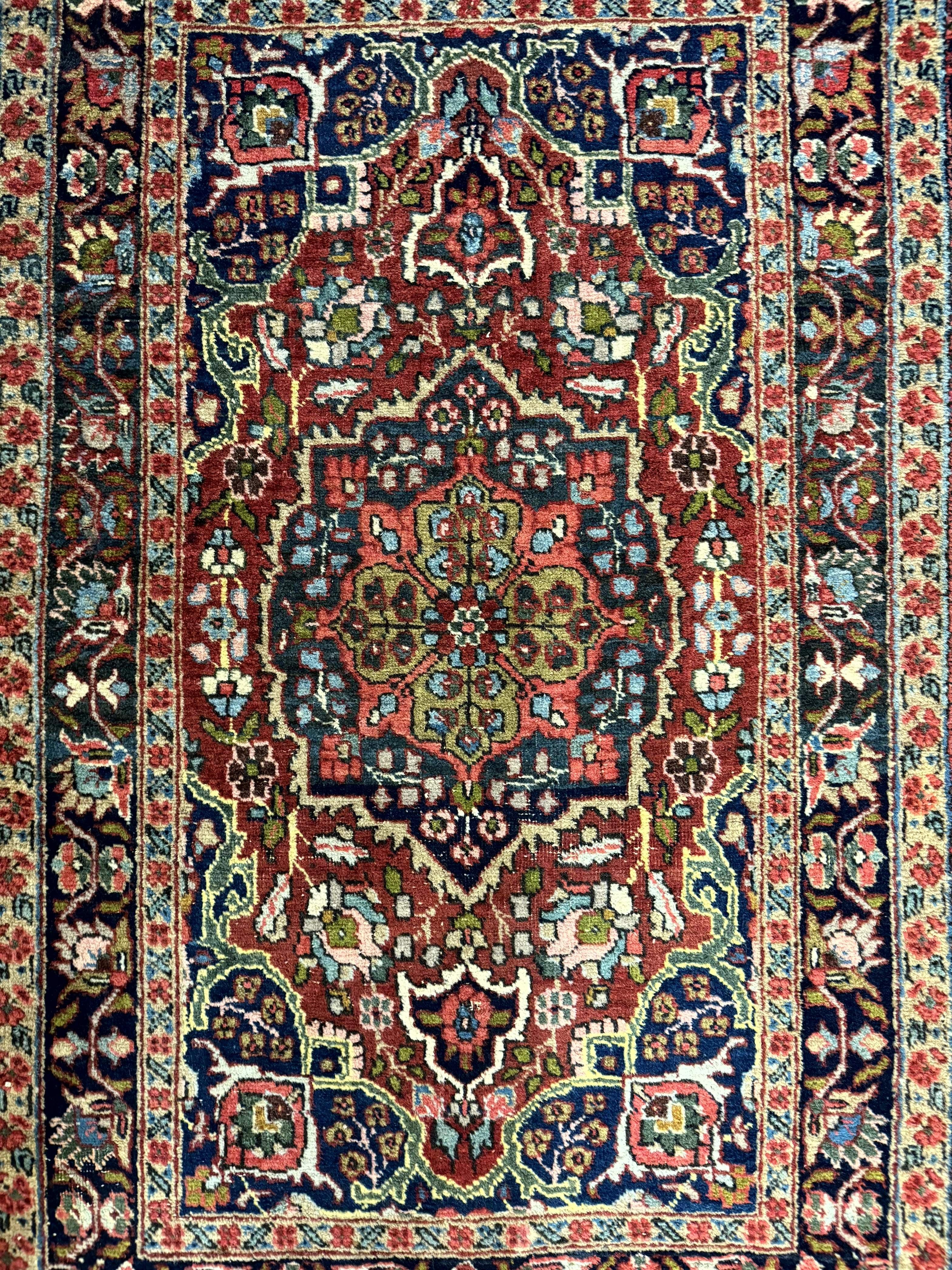 Antique Persian Tabriz Rug 3x5, Brick Red Navy Blue, Floral Medallion, Small Persian Carpet - Jewel Rugs