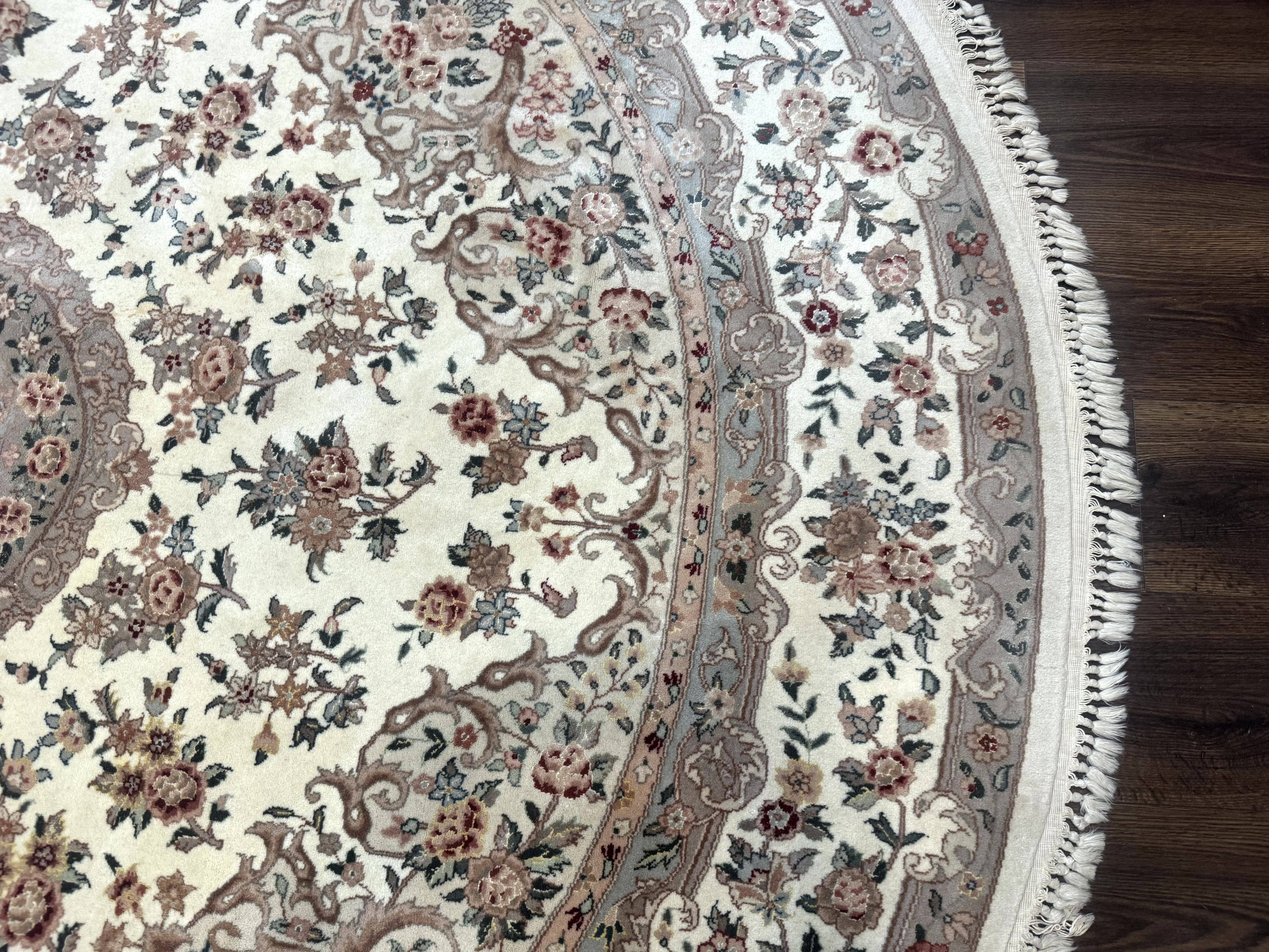 Round Sino Persian Rug 8x8 ft, Wool and Silk, Fine 200 KPSI, Ivory - Jewel Rugs