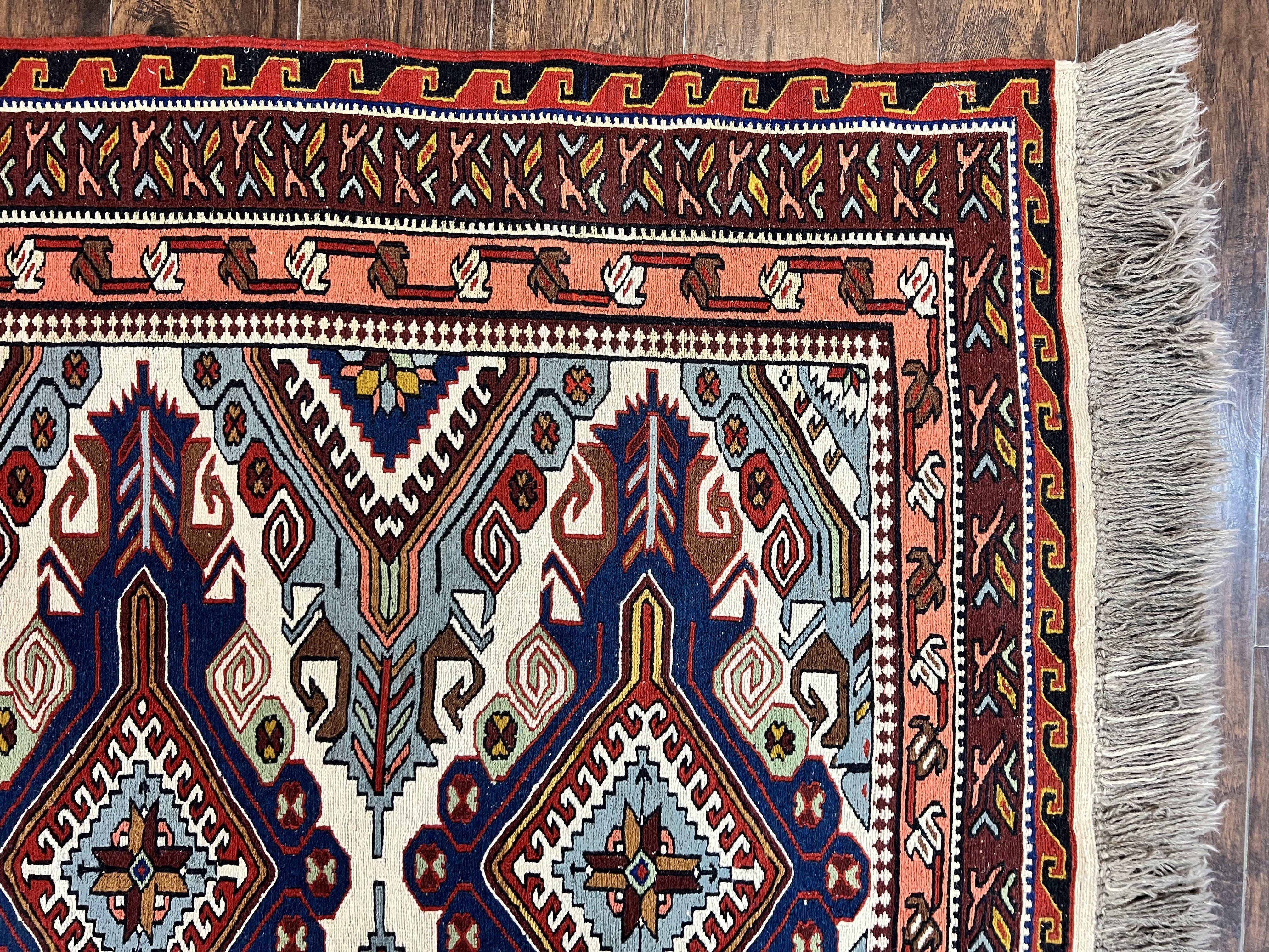 Russian Soumak Rug 6x8, Wool Handmade Antique Kilim Carpet, Multicolor 6 x 8 Geometric Medallions Caucasian Rug, Medium Size - Jewel Rugs