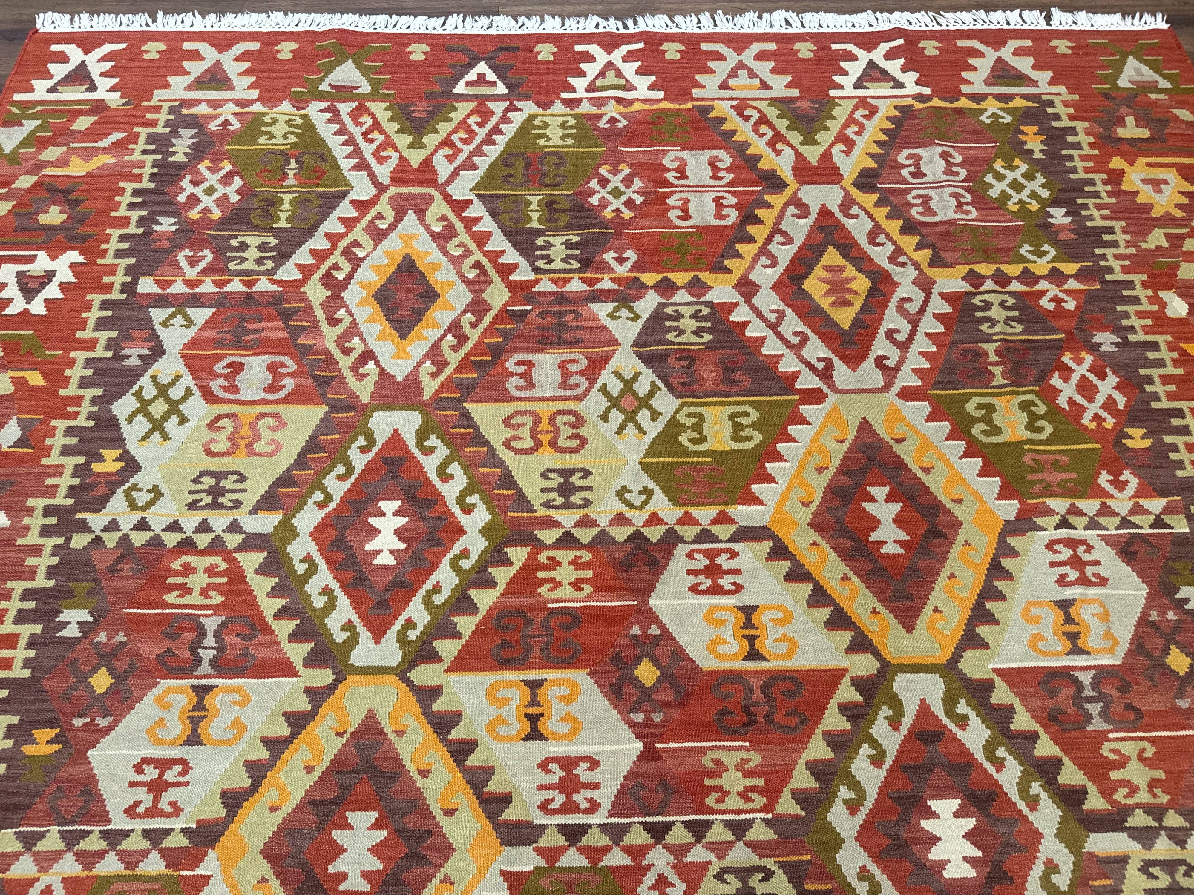Turkish Kilim Rug 8x10, Geometric Design, Large Kilim Carpet - Jewel Rugs