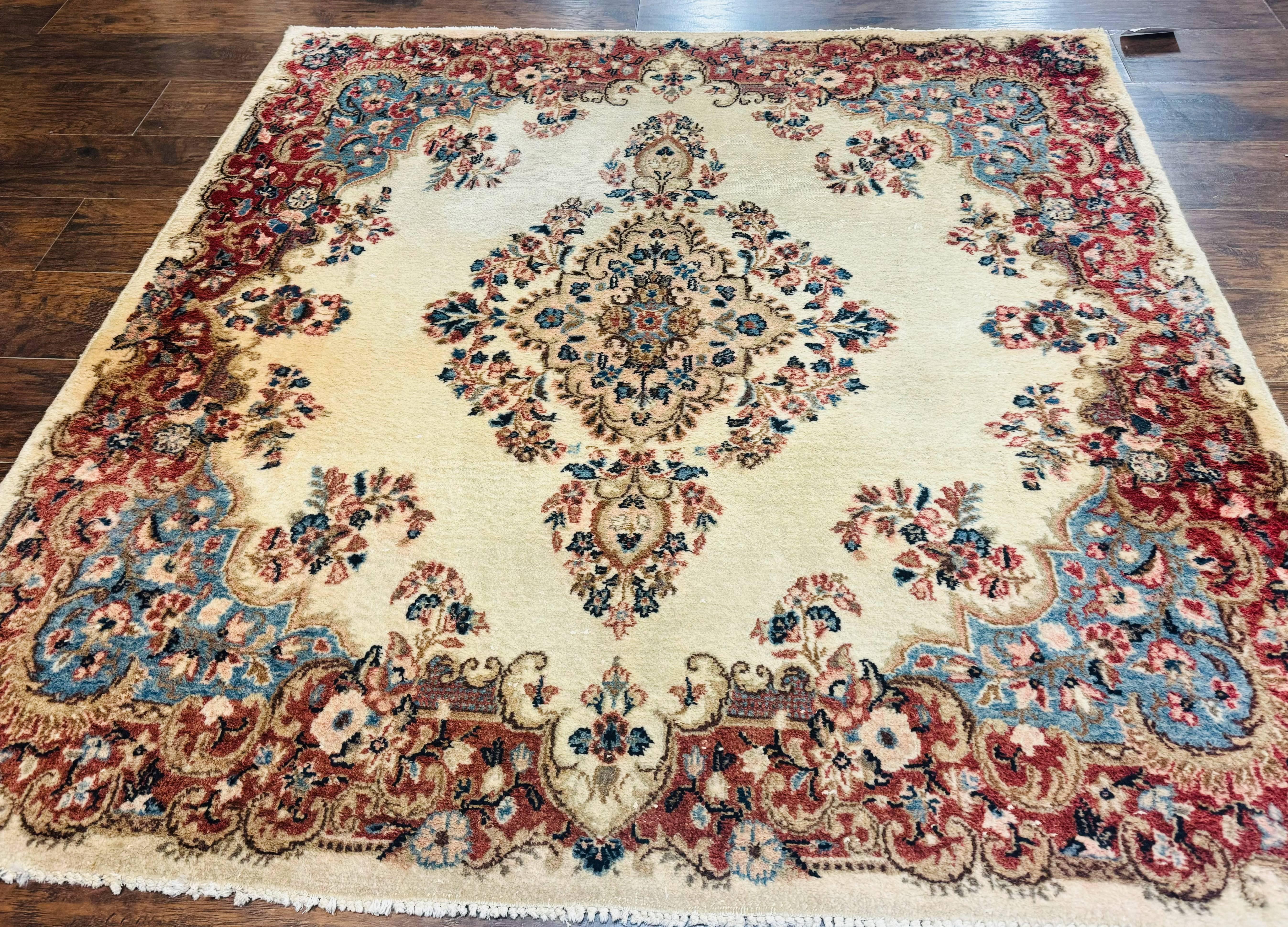 Square Persian Kerman Rug, Beige/Cream and Light Blue, Traditional Persian Rug, 5.5 x 5.5 ft - Jewel Rugs