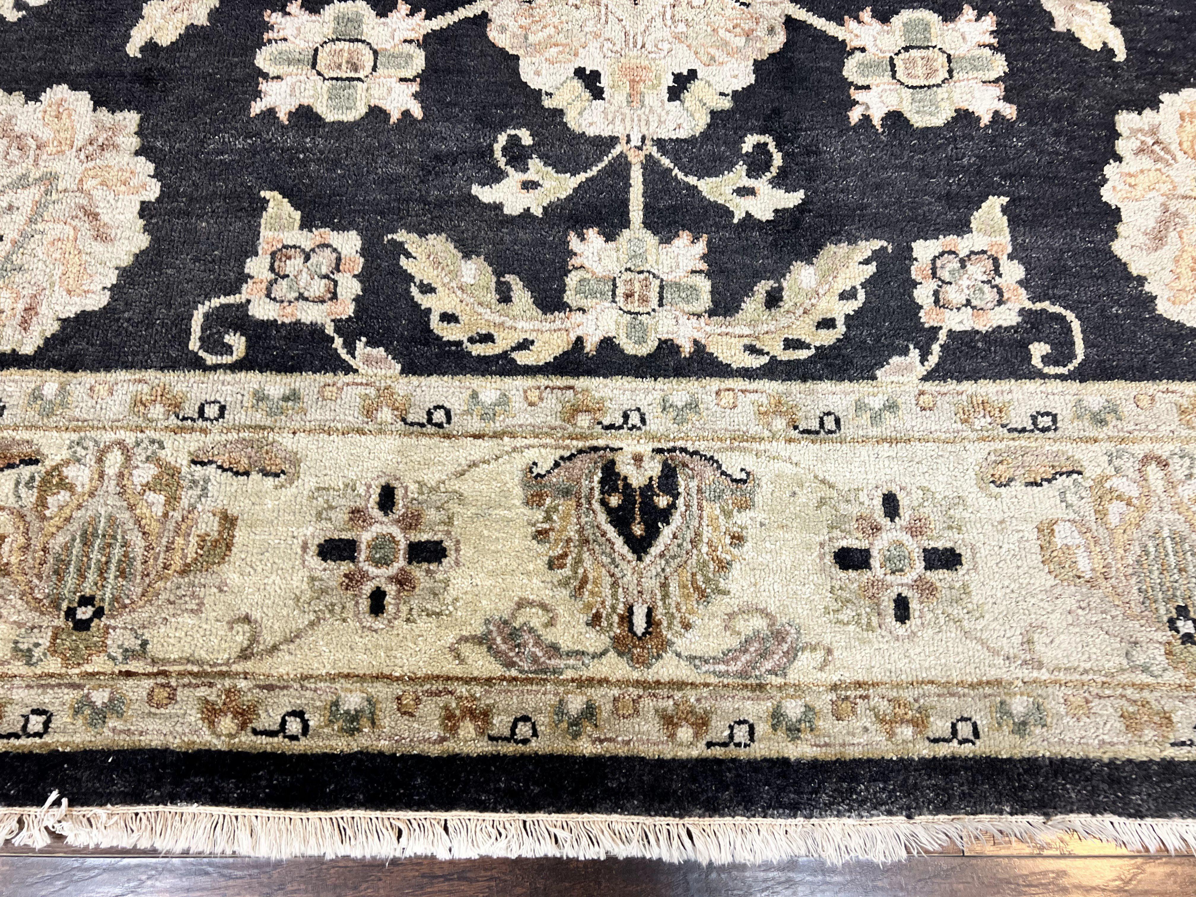 Indo Mahal Rug 8x10, Black and Beige, Vintage Rug 8 x 10 ft, Floral, Handmade Wool Carpet - Jewel Rugs