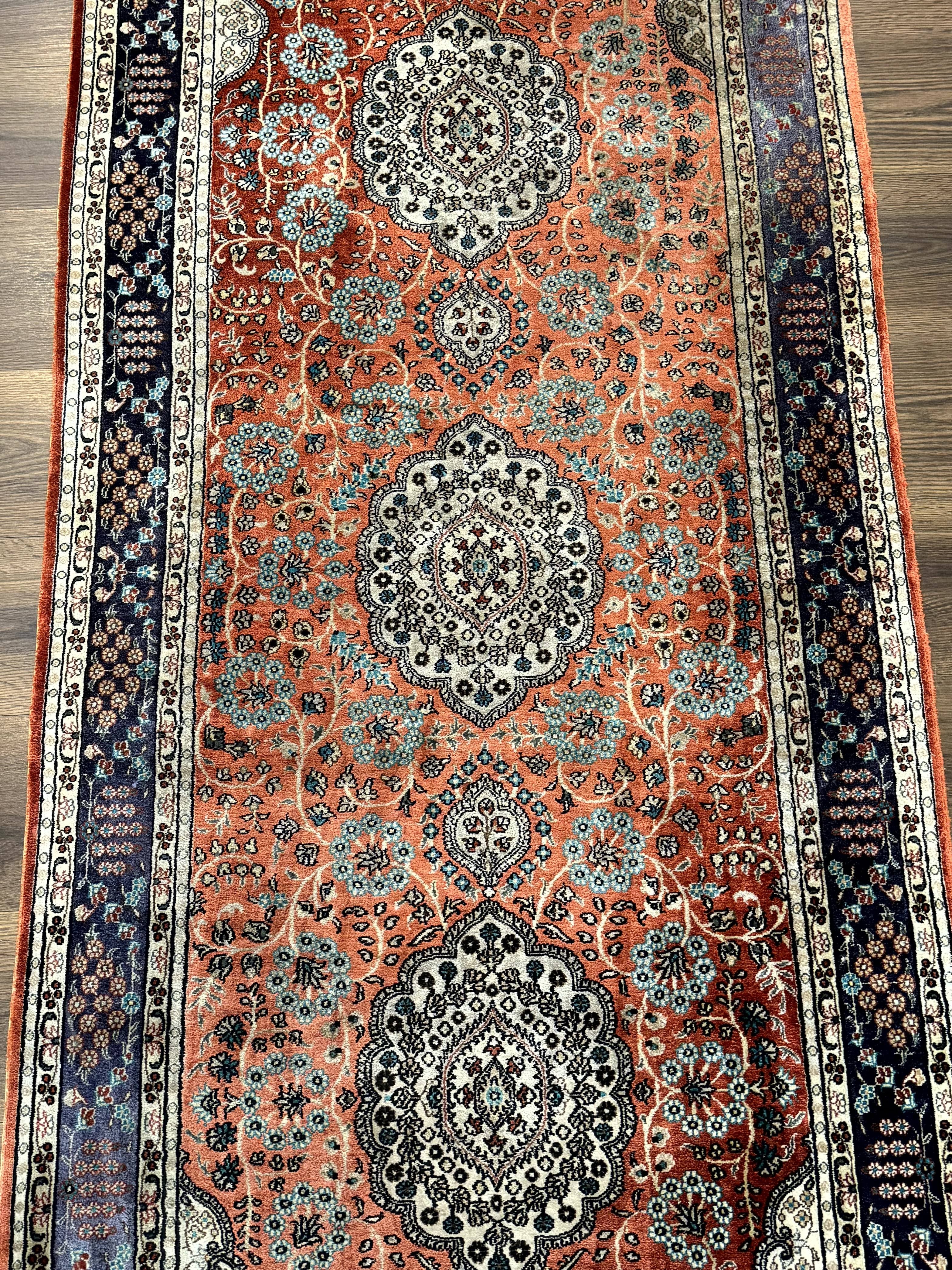 Turkish Silk Runner Rug 3x8, Short Runner Rug, Red, Floral Medallions, Very Fine 360 KPSI, 3 x 8 Runner - Jewel Rugs