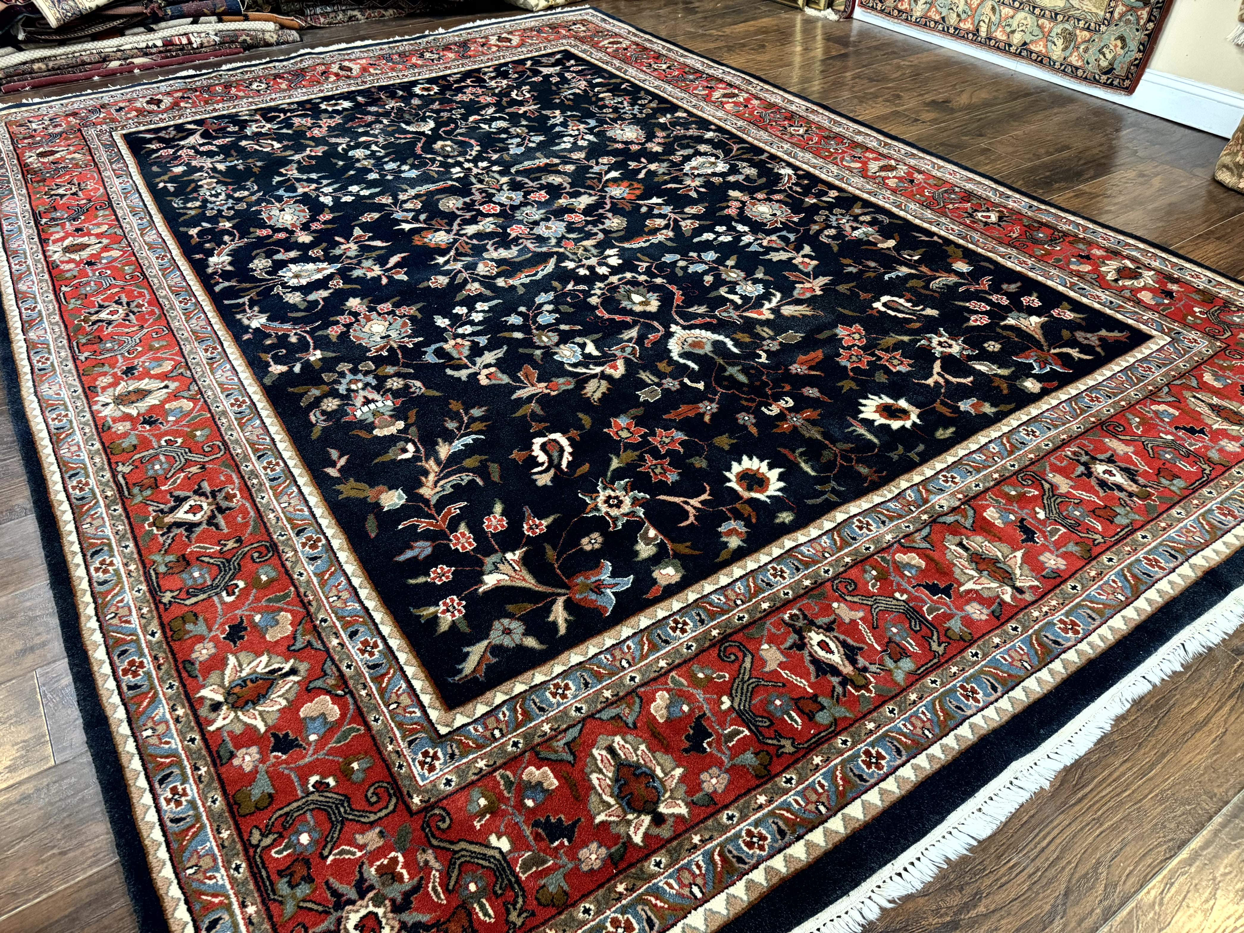 Indo Persian Sarouk Rug 9x12 – Navy and Red, Hand-Knotted Wool Vintage Carpet, Allover Pattern - Jewel Rugs