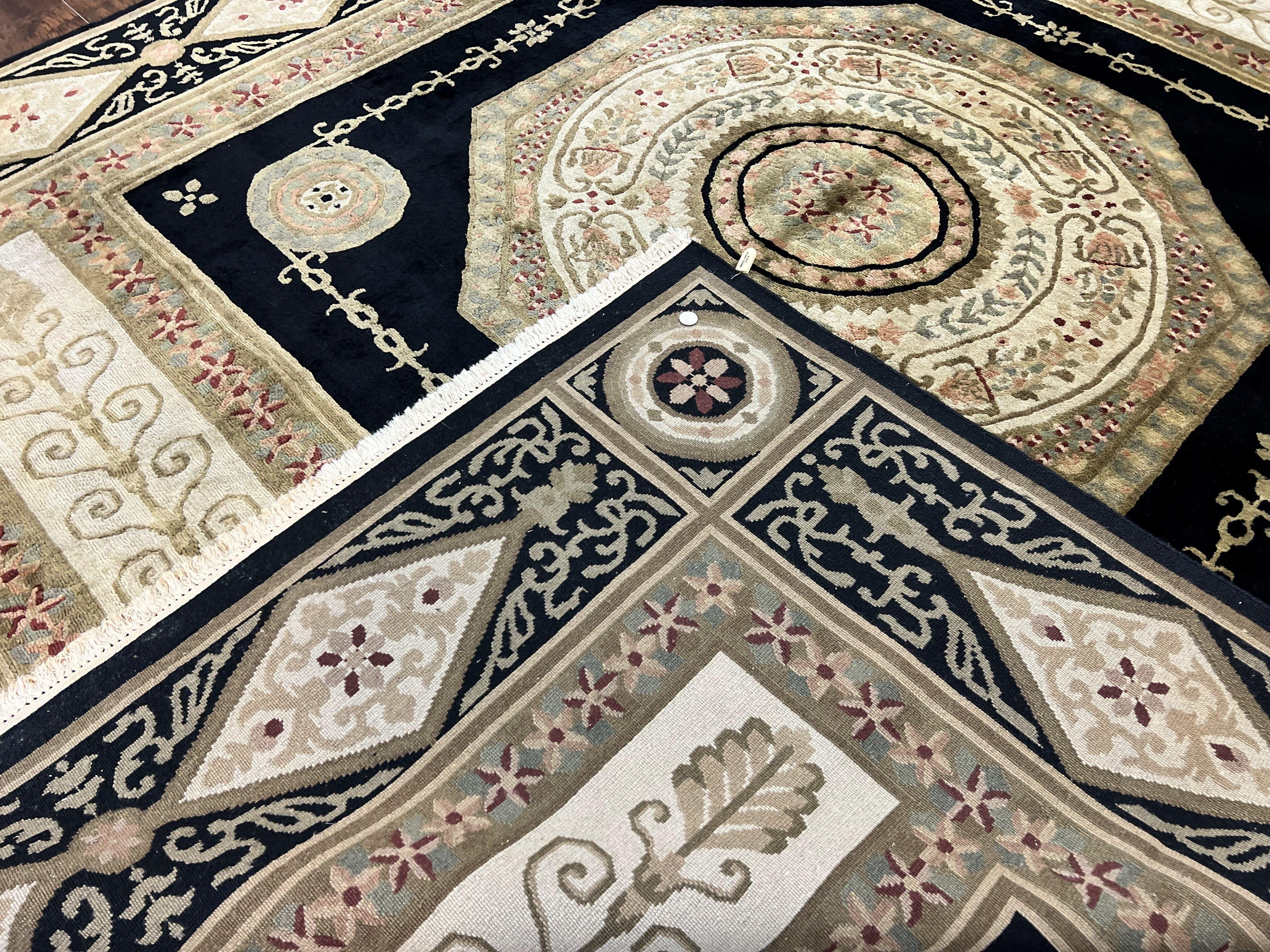 Tibetan Rug 8x10, Nepali Area Rug, Soft New Zealand Wool Carpet 8 x 10 ft, Black Tan Beige, Vintage Handmade Rug, French Aubusson Pattern - Jewel Rugs