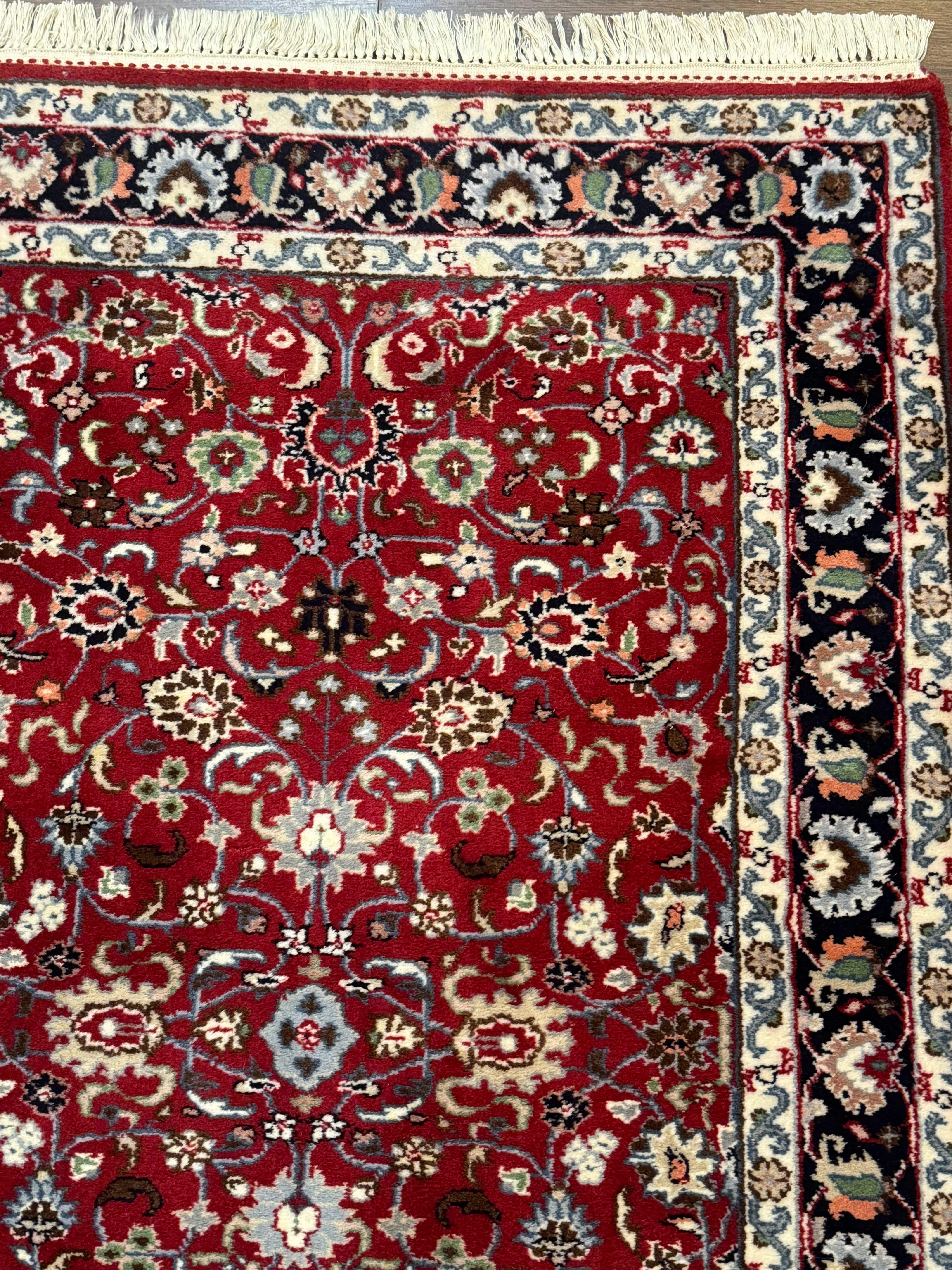 Indo Persian Sarouk Rug 3x5, Red and Dark Blue, Floral, Vintage, Wool - Jewel Rugs