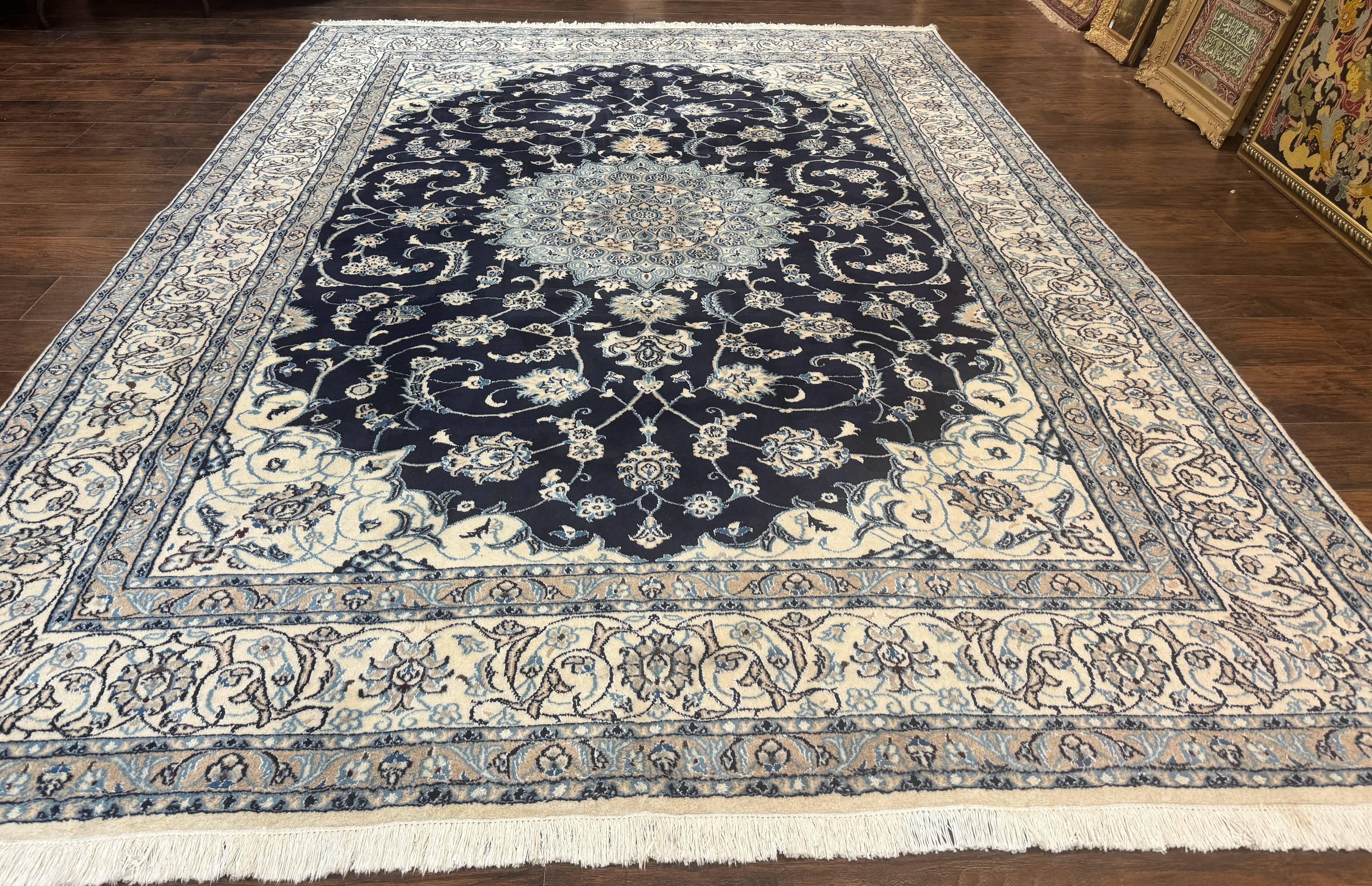 Persian Nain Rug 8x11, Navy Blue and Ivory, Handmade Wool Vintage Carpet, Floral Medallion - Jewel Rugs