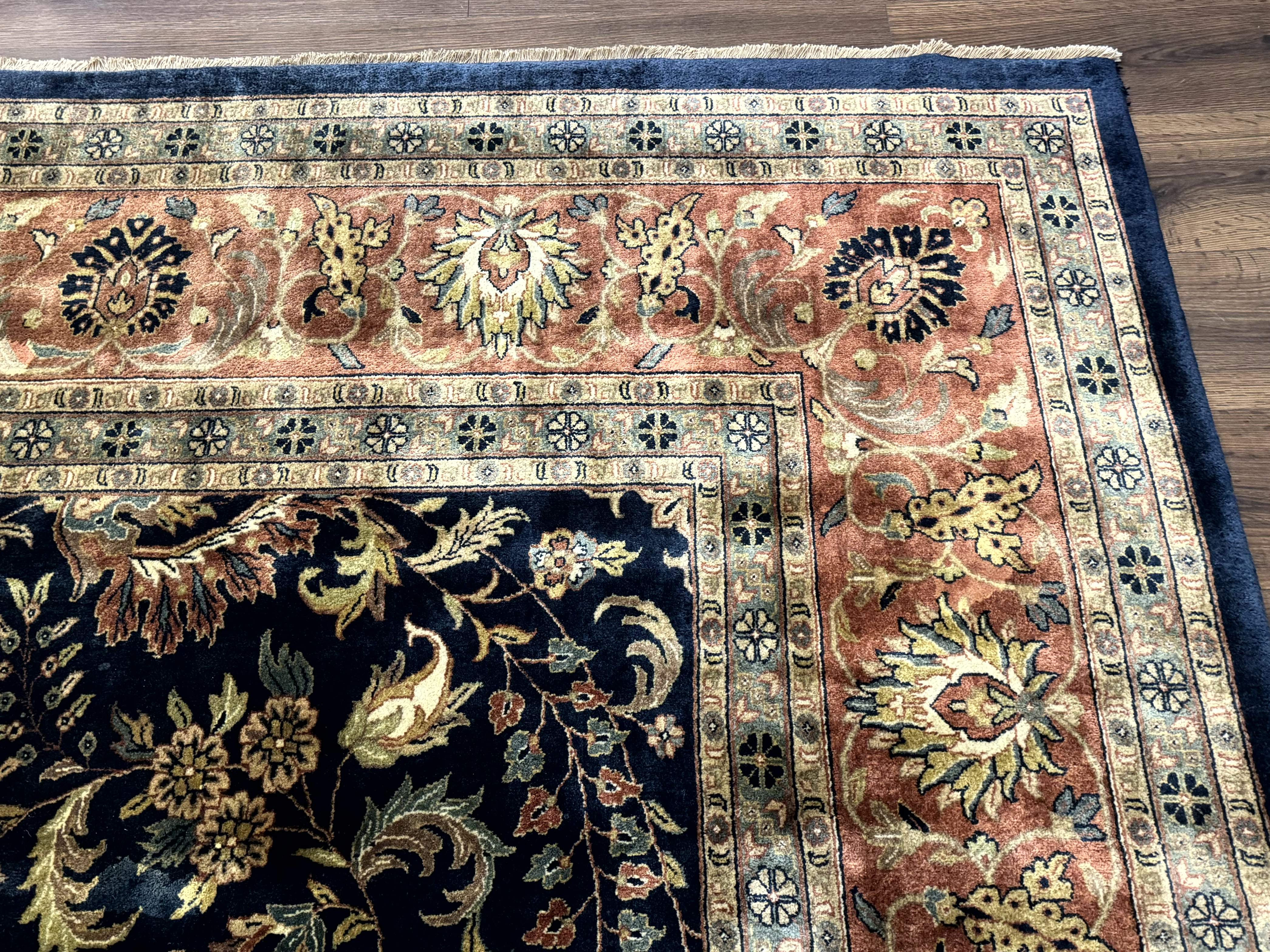 Large Indo Persian Rug 10x14, Navy Blue and Terracotta, Allover Floral Pattern - Jewel Rugs