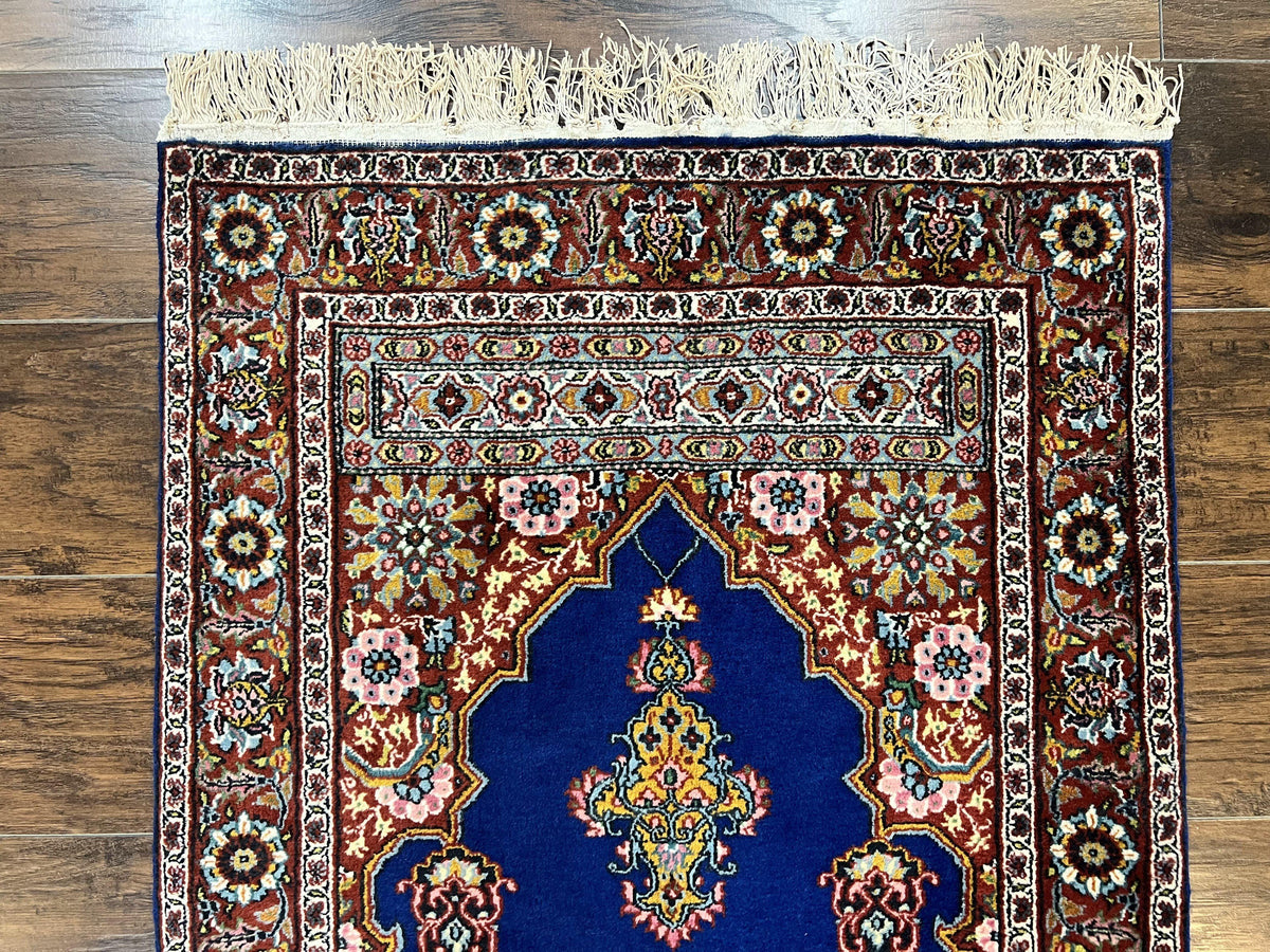 Indo Persian Prayer Rug 3x5, Fine Oriental Carpet, Dark Blue and Red
